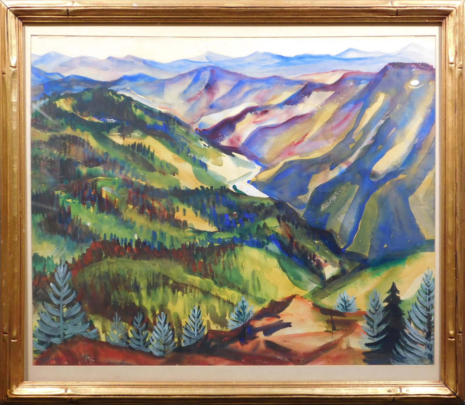 Millard Owen Sheets: The River Canyon: Millard Owen Sheets (American, 1907 - 1989): The River Canyon, 1937. Watercolor on cold pressed paper, signed lower left, framed. Christie's labels verso. Born in Pomona, California and living much