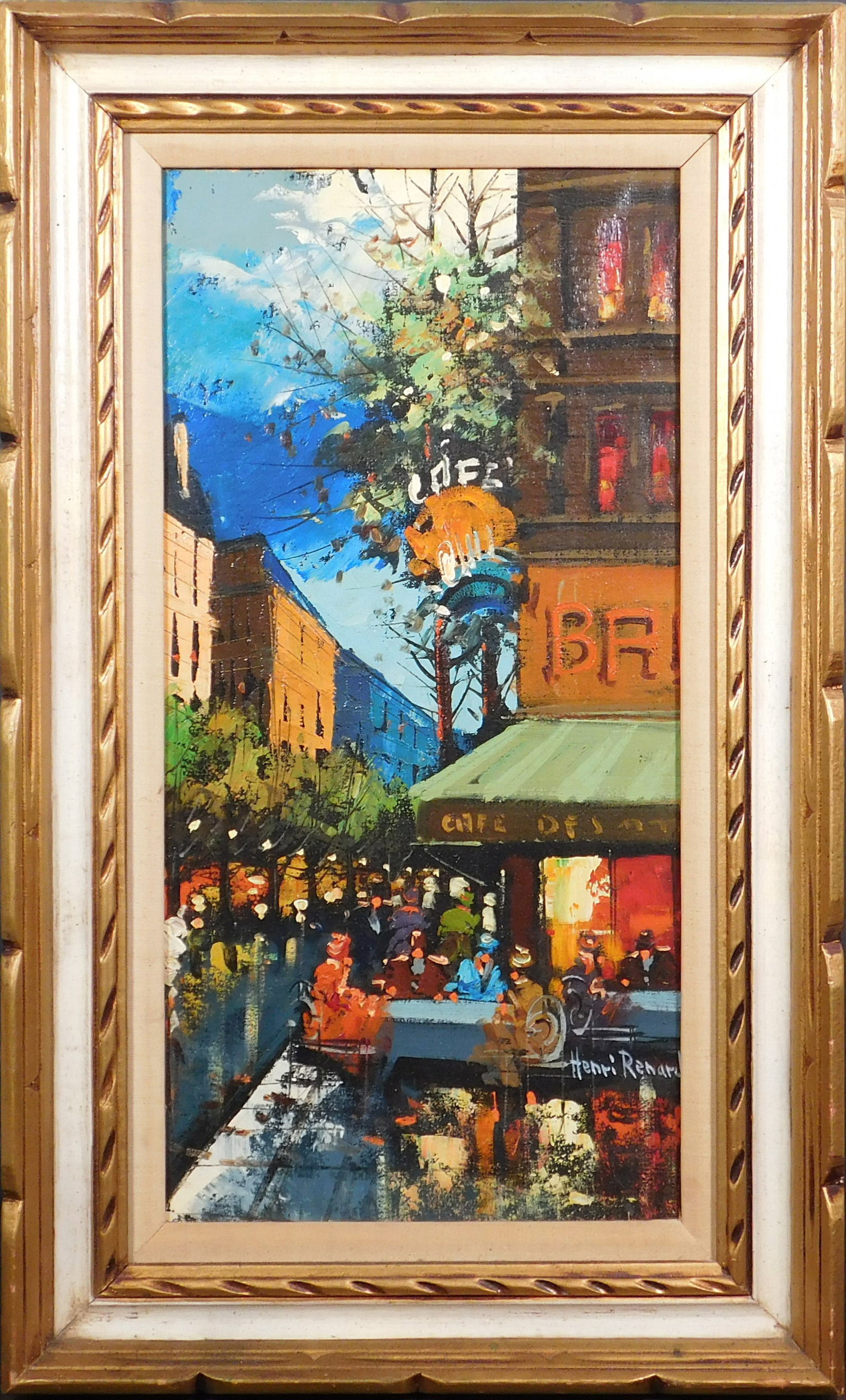Henri Renard: French Cafe: Henri Renard (French, b. 1920): French Cafe. Oil on canvas, signed below, framed. 30.5 x 18.5 inches framed; 25 x 13 canvas. Private collection, Canada. Very good condition, no apparent flaws. NOTE: