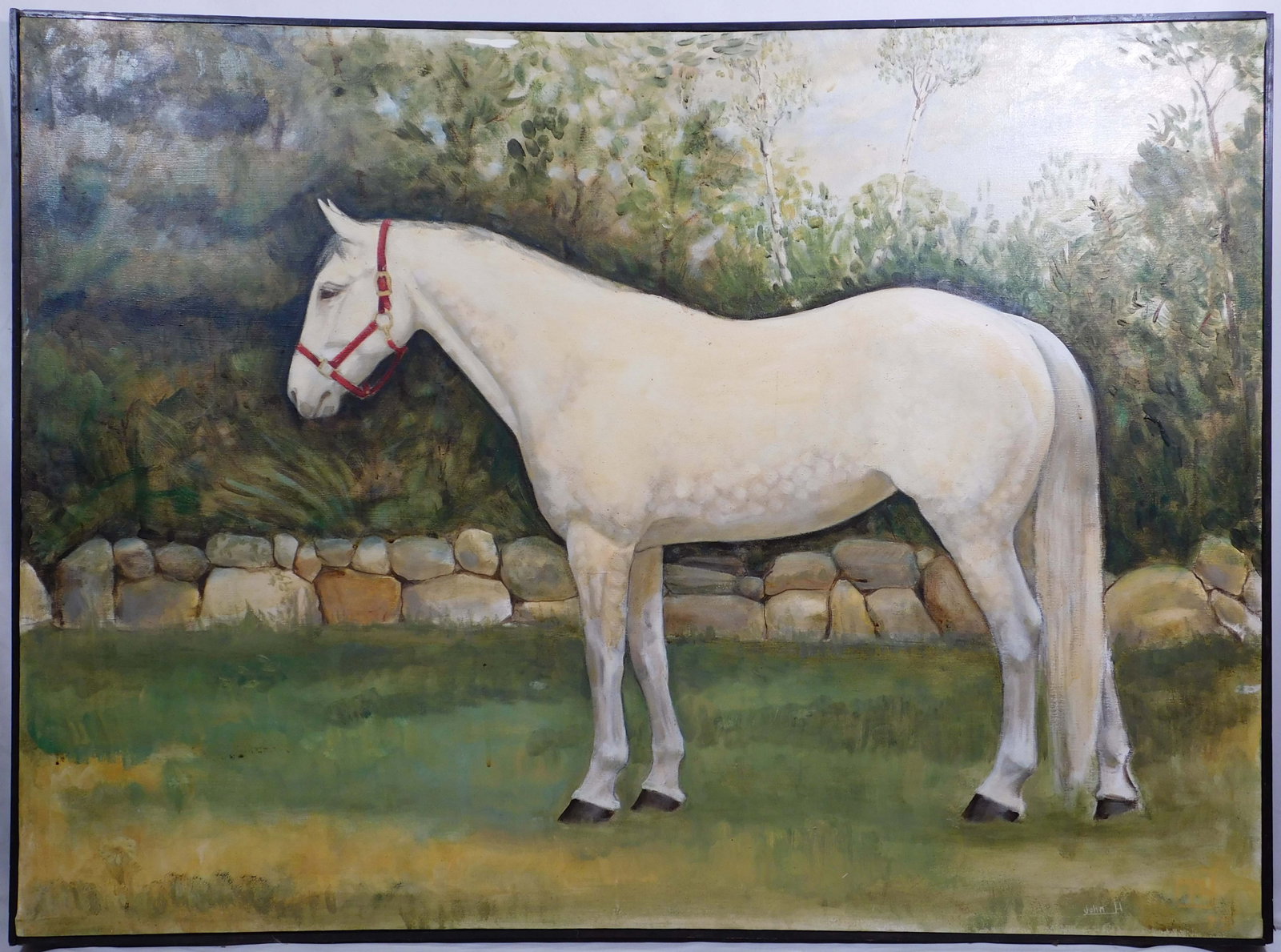 John H : Appaloosa: John H (American, 20th century): Appaloosa, 1974. Oil on canvas, signed lower right, framed. 36.5 x 48.75 framed; 35.5 x 47.75 inches canvas. Good condition, light surface grime throughout, large