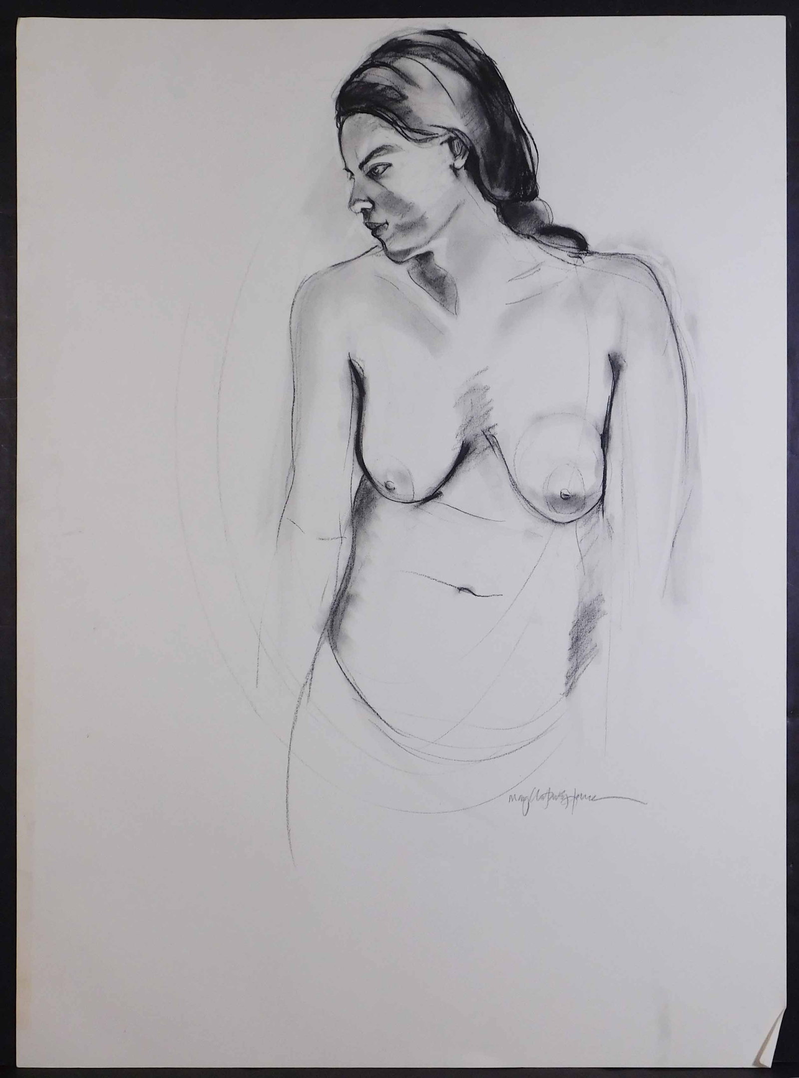 Mary Chatowsky Jameson: Figure Study: Mary Chatowsky Jameson (American, b. 1963): Figure Study. Charcoal on paper. Signed below. Mary Chatowsky Jameson, a Rhode Island native and Newport resident, is an artist and owner of Saltwater