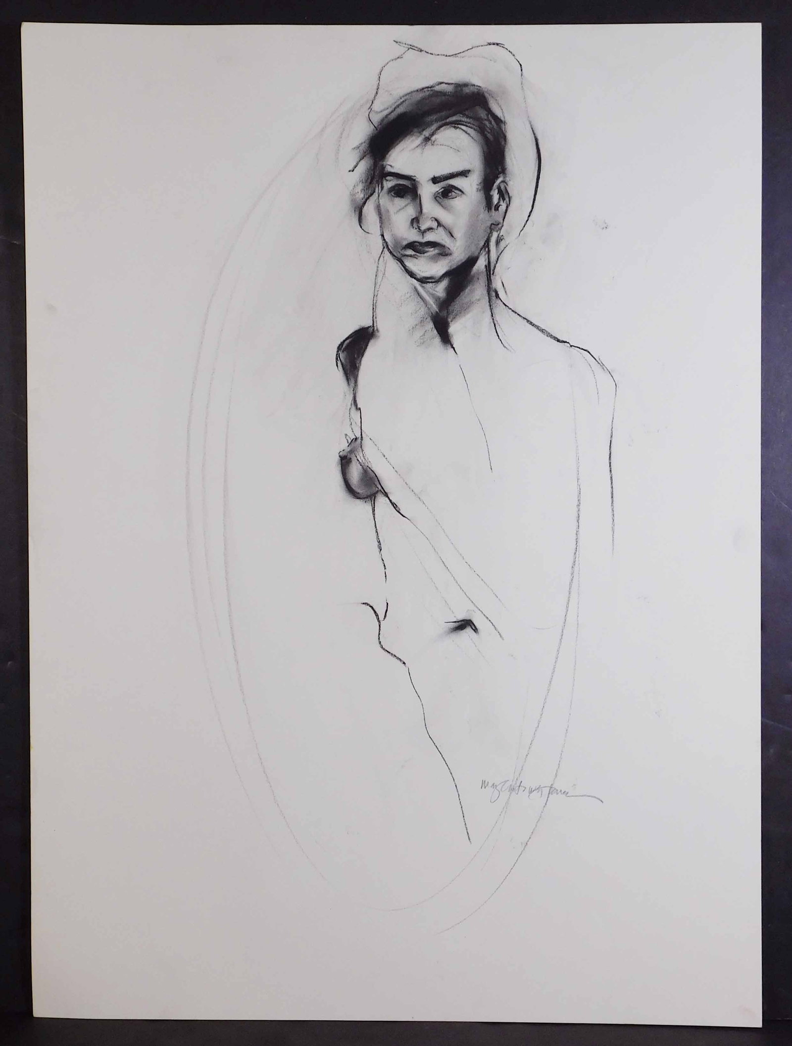 Mary Chatowsky Jameson: Figure Study: Mary Chatowsky Jameson (American, b. 1963), Figure Study. Charcoal on paper. Signed below. Mary Chatowsky Jameson, a Rhode Island native and Newport resident, is an artist and owner of Saltwater