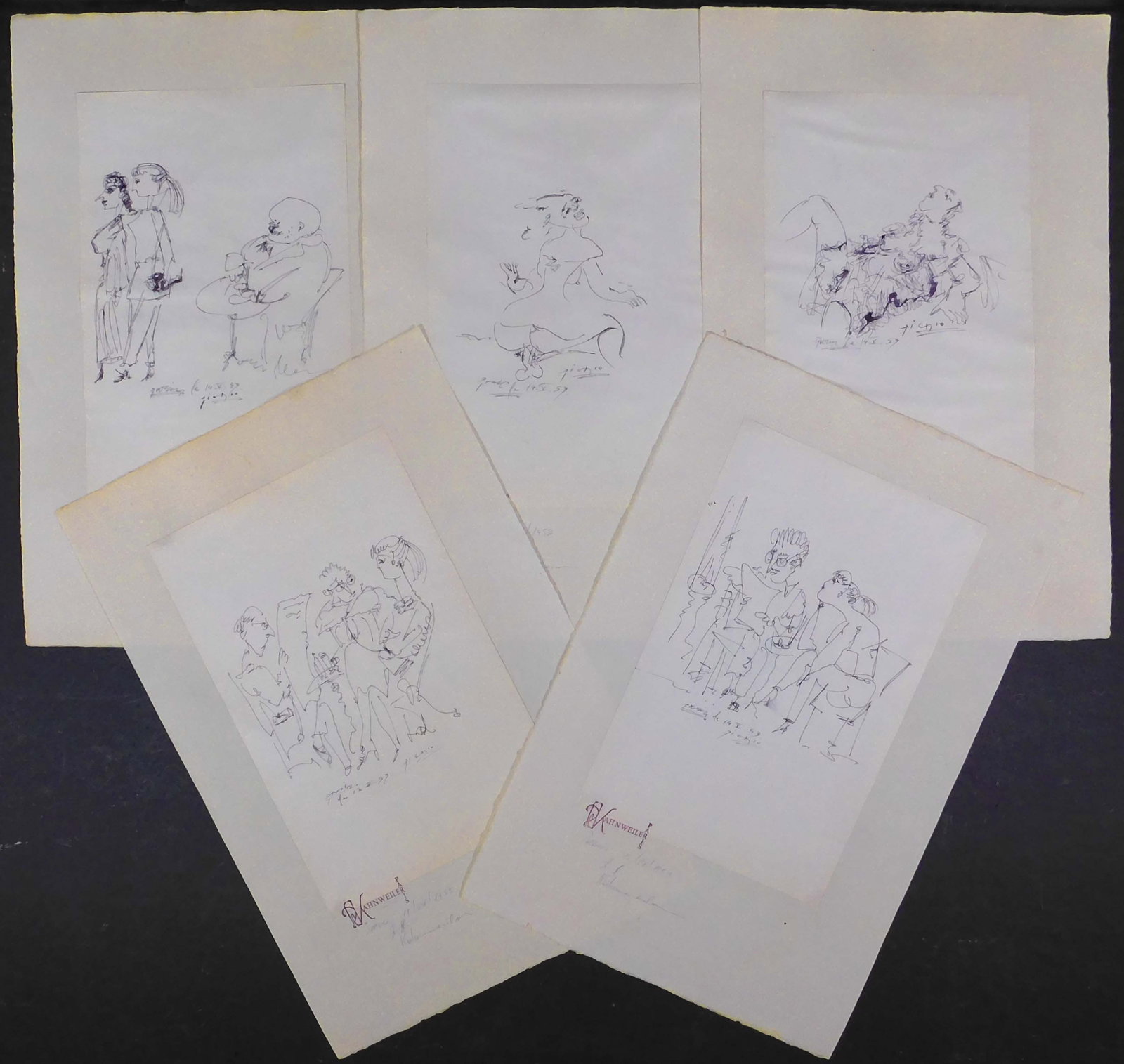 Style of Pablo Picasso: Collection of 5 Caricature Sketches: Style of Pablo Picasso (Spanish, 1881-1973):?Collection of 5 Caricature Sketches, 1953. Set of hand drawn pen sketches on paper, mounted to larger paper. Each drawing is signed, dated and marked "Pari