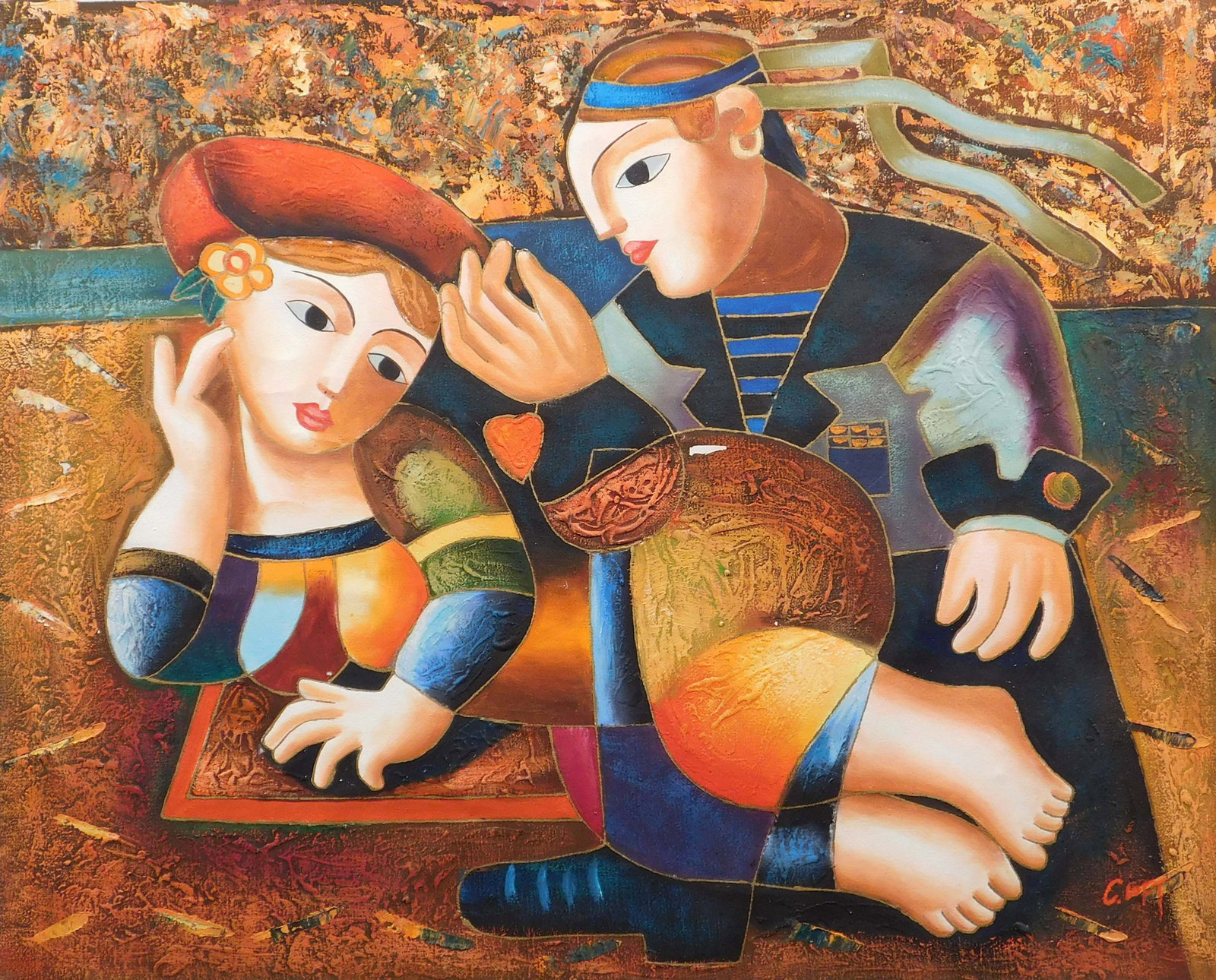 C. Loft : Sailor's Dream: C. Loft (Eastern European, 20th Century): Two Women. Mixed media on unstretched canvas, signed lower right. 19.5 x 22 inches canvas. Private collection, Rhode Island, USA. Very good condition, light