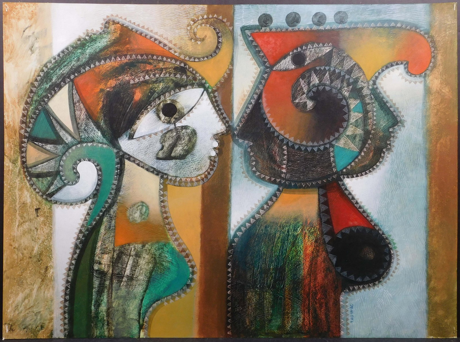 Orestes Gaulhiac: Two Figures: Orestes Gaulhiac (Cuban, b. 1960): Two Figures. Acrylic on paper, signed lower right, unframed. 22 x 30 inches paper. Private collection, Rhode Island, USA. Great condition; paint loss in all four