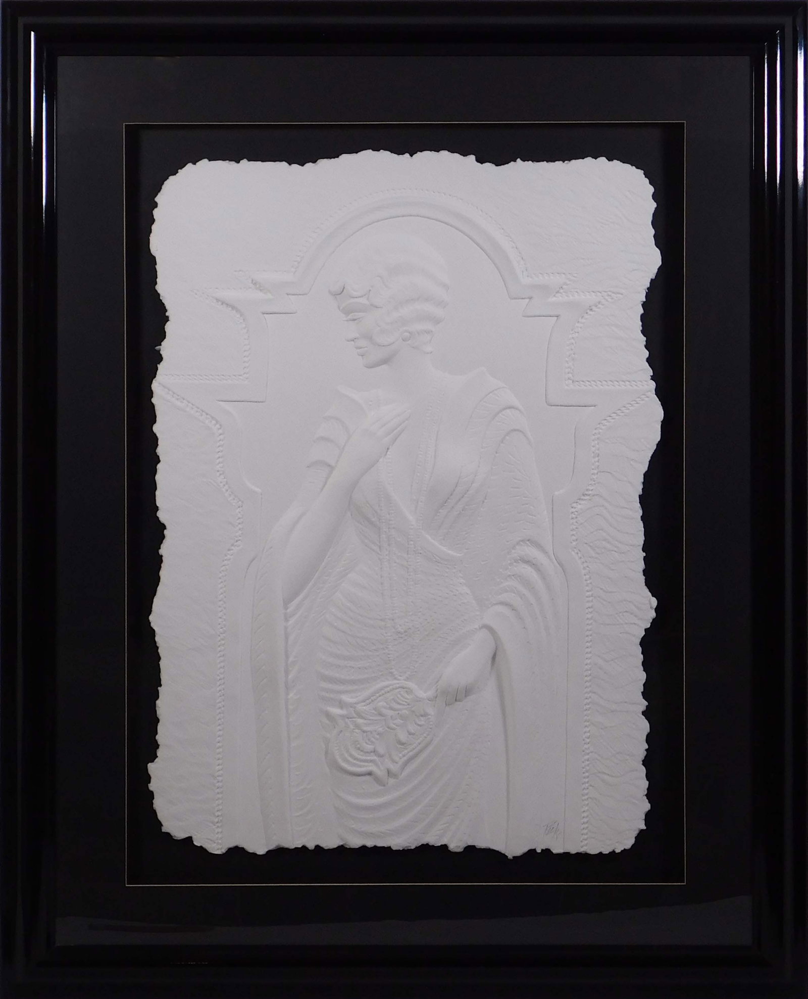 Roberta Peck: Deco Lady with Fan: Roberta Peck (American, 20th Century): Deco Lady with Fan. Hand-cast paper monotype, signed in pencil below, framed. This item comes accompanied by a certificate of authenticity from Fine Art