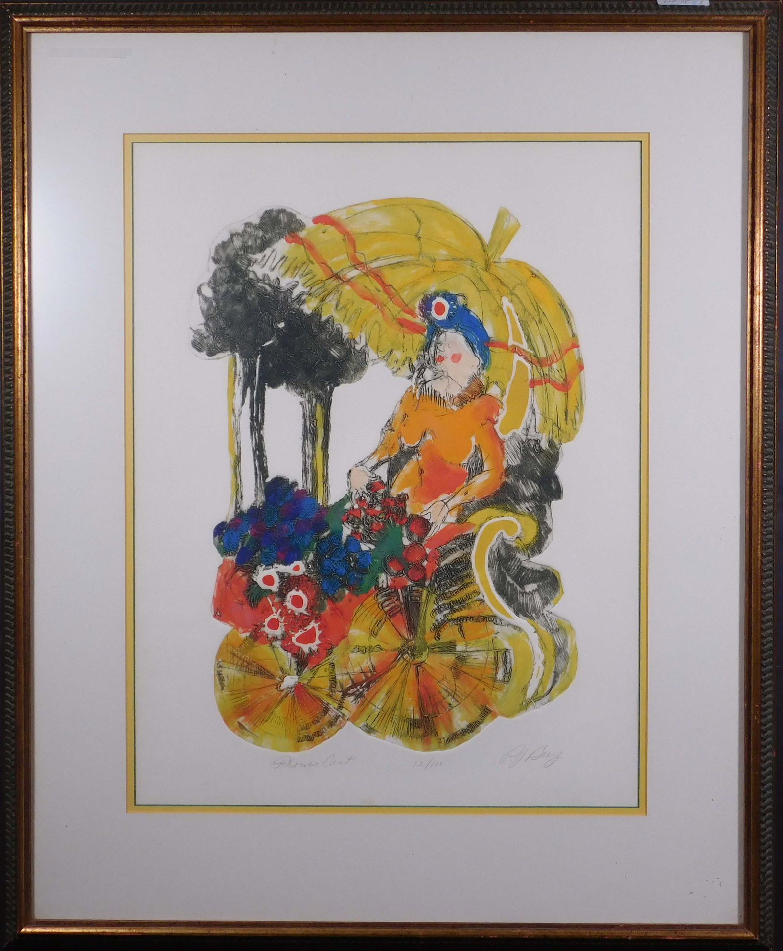 Patricia Jean Burg, (P J): Flower Cart 12 of 100 (or 108): Patricia Jean Burg (b 1934): Flower Cart. Aquatint etching on cold-pressed paper, signed and numbered 12 of 100 below. 22.5x17 sight; 33x27 inches framed great condition, paper is slightly wavy.