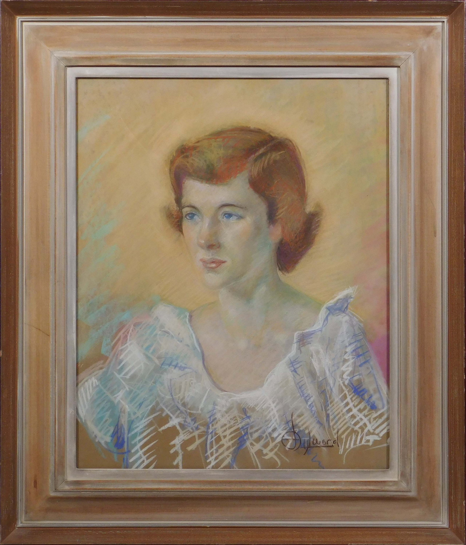 J Dyluerd: Portrait of Gail St. Baptist: J Dyluerd (20th Century): Portrait of Gail St. Baptist. Pastel on paper, signed lower right, framed. 20x16; 27.5 x 23.5 inches framed Very good condition; light discoloration/ foxing along left edge.