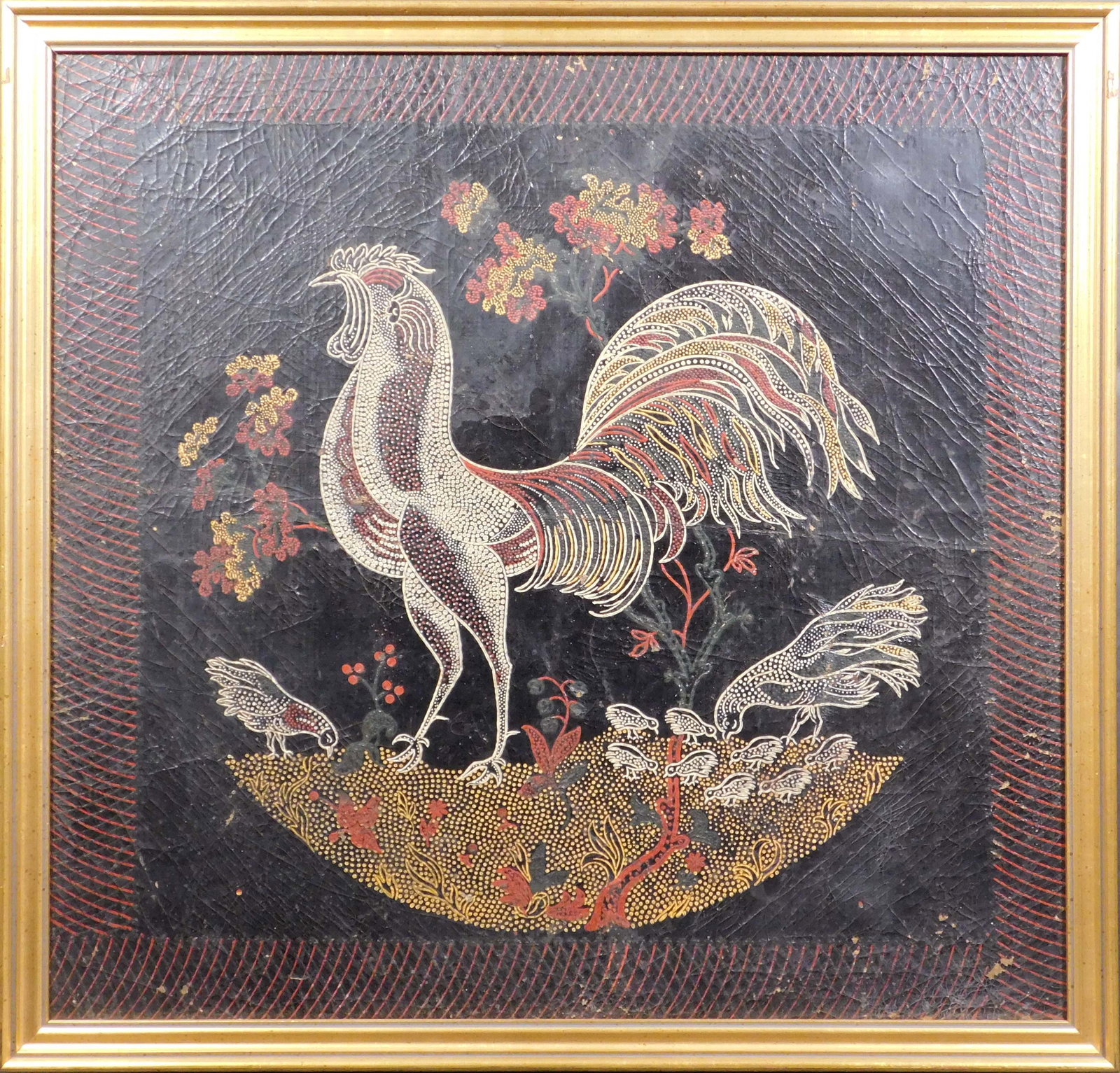 Rooster on Cloth (Black): Rooster and Chicks: Mixed media on fabric, framed. 23x23; 25 x 25 inches framed Good condition, scattered paint loss throughout; heavy craquelure throughout. NOTE: If documentation is not listed, the 