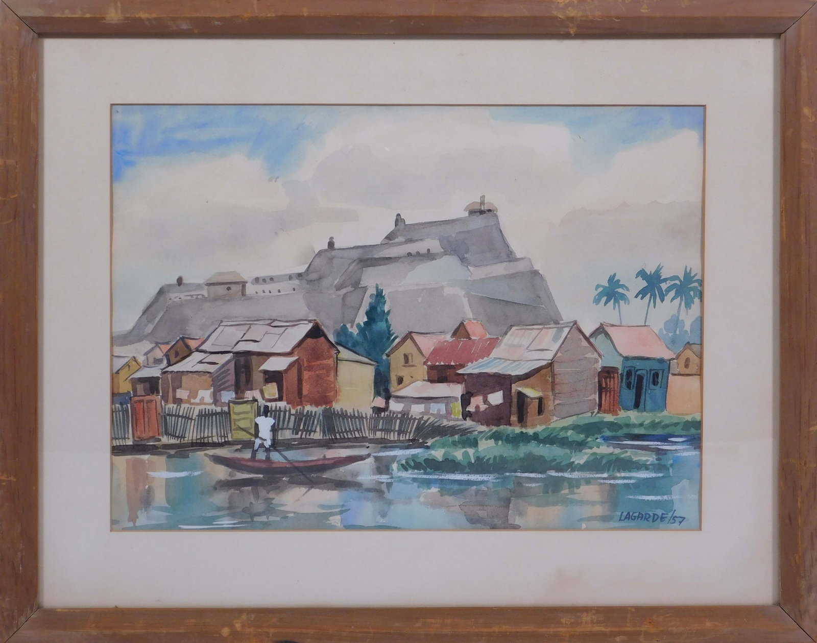 Christian Lagarde: Watercolor: Christian Lagarde (20th Century): South American River Town, 1957. Watercolor on paper, signed lower right, framed. 14x10 sight; 15.75x19.75 inches framed Great condition, paper is lightly toned.