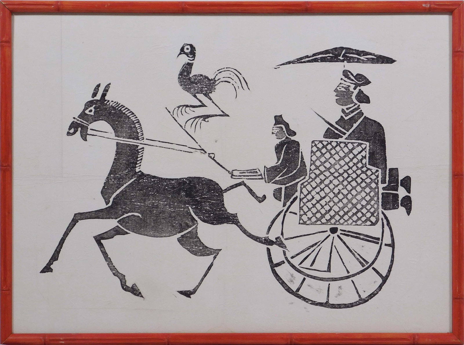 Horse Drawn Rickshaw: Chinese rubbing print, Horse and Rickshaw. Ink on japon paper pressed to board. 13x18 paper; 15.5x21.5 inches framed Very good condition, no notable flaws. NOTE: If documentation is not listed, the