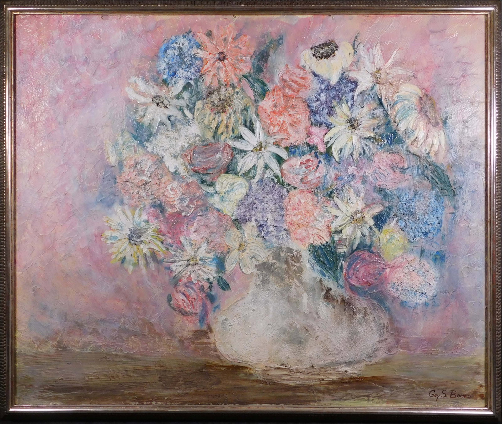 Gay S. Bomes: Pink Flowers in Vase: Gay S. Bomes (20th Century): Pink Flowers in Vase. Mixed media on masonite, signed lower right, framed. 33 x 38.75 inches framed; 29.5 x 35.5 inches board Excellent condition; some chips in the frame.