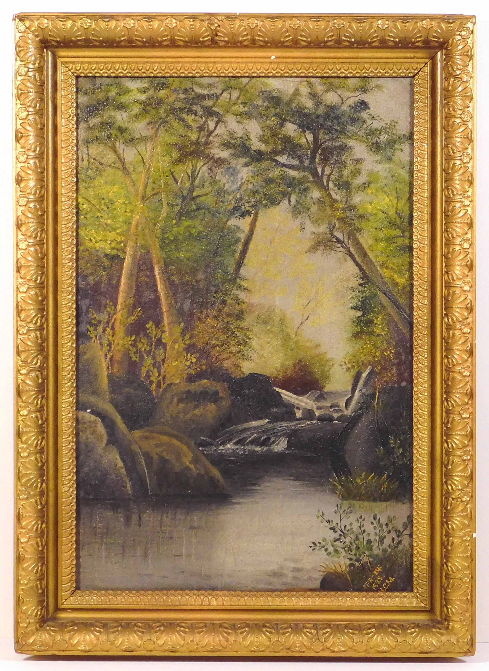 H.C.M: American School Brook in a Forest: H.C.M (American, 20th Century): American School Brook in a Forest, 1888. Oil on canvas, signed and dated (April 24) lower right, framed. 21.5 x 15 inches framed; 18 x 12 inches canvas The Estate of