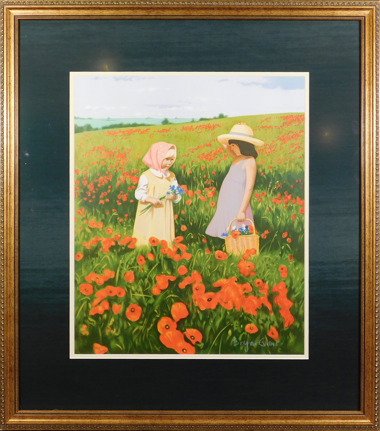 Bryan Evans: Girls in Poppy Field: Bryan Evans (20th Century): Girls in Poppy Field. Serigraph on paper, signed and numbered 114/300 below. This Item is accompanied by a COA. 31 x 27 frame; 20 x 16.5 inches sight. Purchased in 2004 at