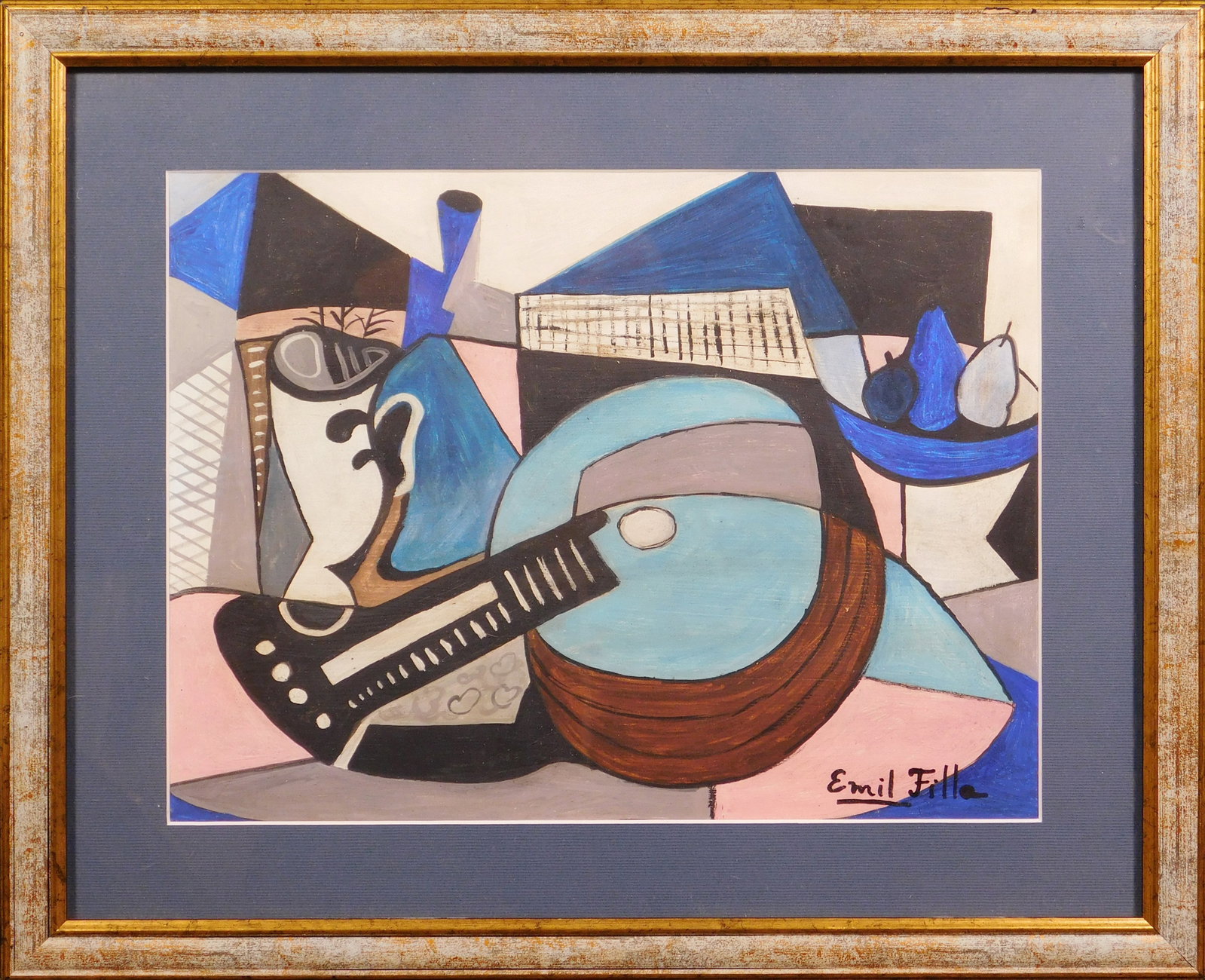 Emil Fila Attributed: Guitar Still Life: Emil Fila Attributed (1882-1953): Guitar Still Life. Gouache and ink on paper, signed lower right, professionally framed. 13.5 x 16.5 inches framed; 12 x 15 sight. Private collection, New York. Great 