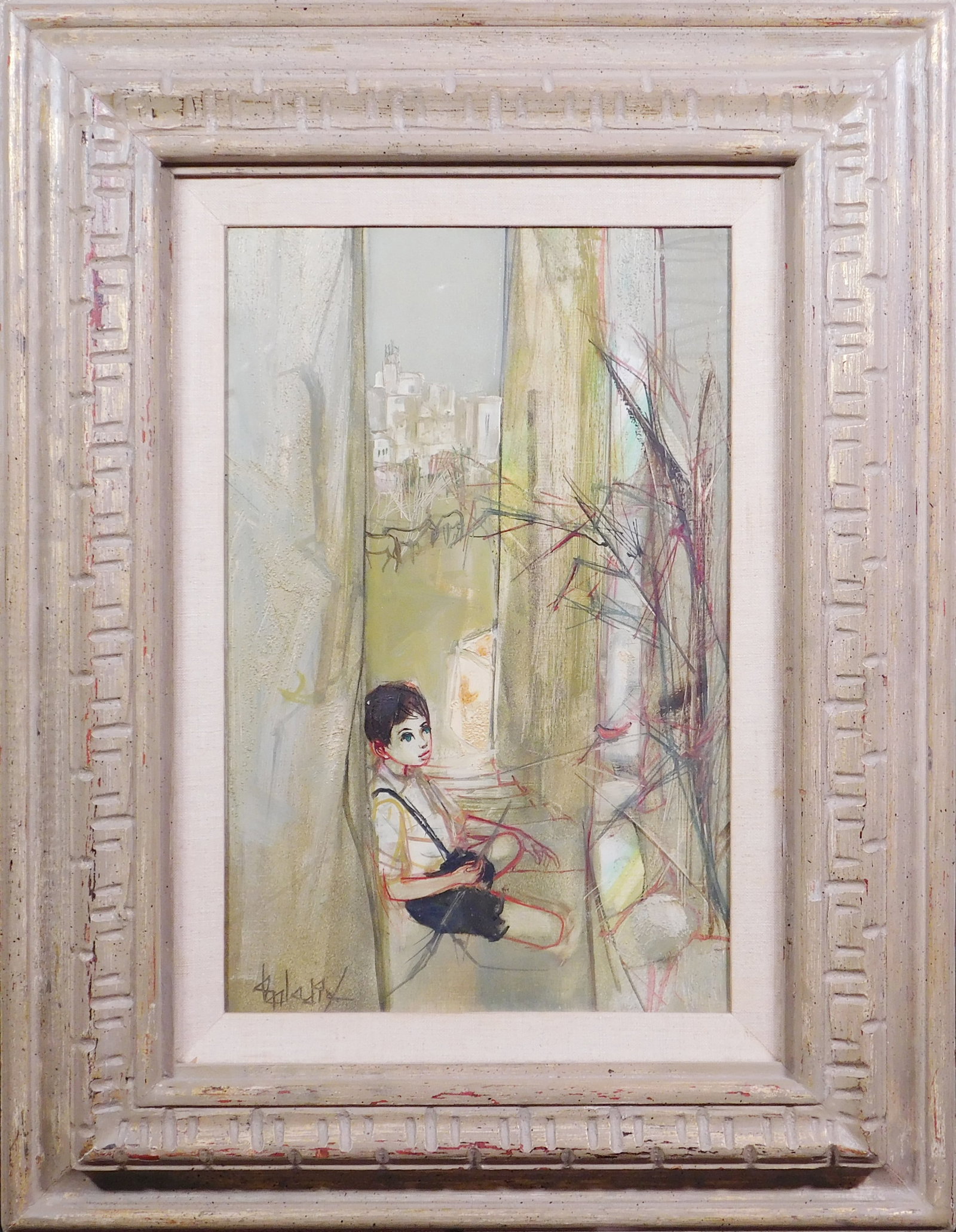 Jean Baptiste Valadie: Boy in an Alley: Jean Baptiste Valadie (French, 1933): Boy in an Alley. Oil on canvas signed below, framed. 25 19 inches framed 17 x 13.5 inches canvas. Purchased in at Park West Gallery, Registration No. 129494. Priv