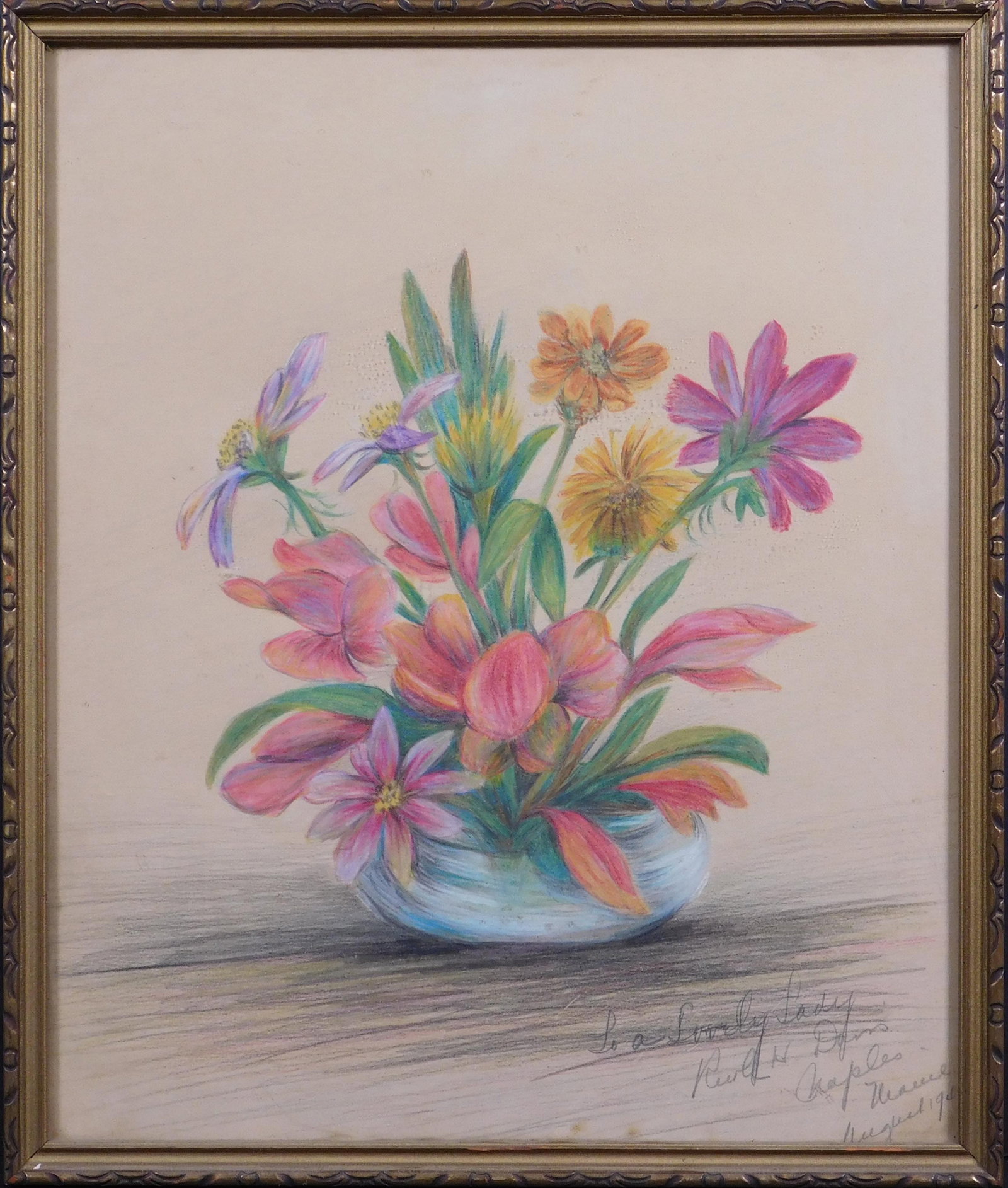 Low Vase with Flowers: Low Vase with Flowers. Colored pencils on paper, indistinct note/signature bottom right, framed. 10.5 x 12.75 inches sight, 11.5 x 14 inches framed. Private collection, New England. Good condition.
