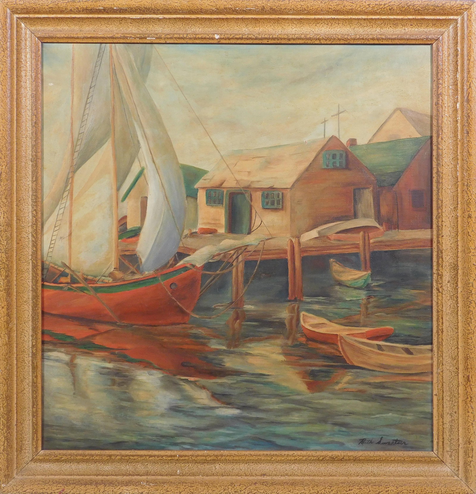 Ruth Sweetser: Gloucester/Rockport: Ruth Sweetser (Cape Ann School): Gloucester/Rockport. Oil on canvas, signature lower right, framed. 18.75 x 19.5 inches sight, 23 x 24 inches framed. Private collection, New England. Good condition.