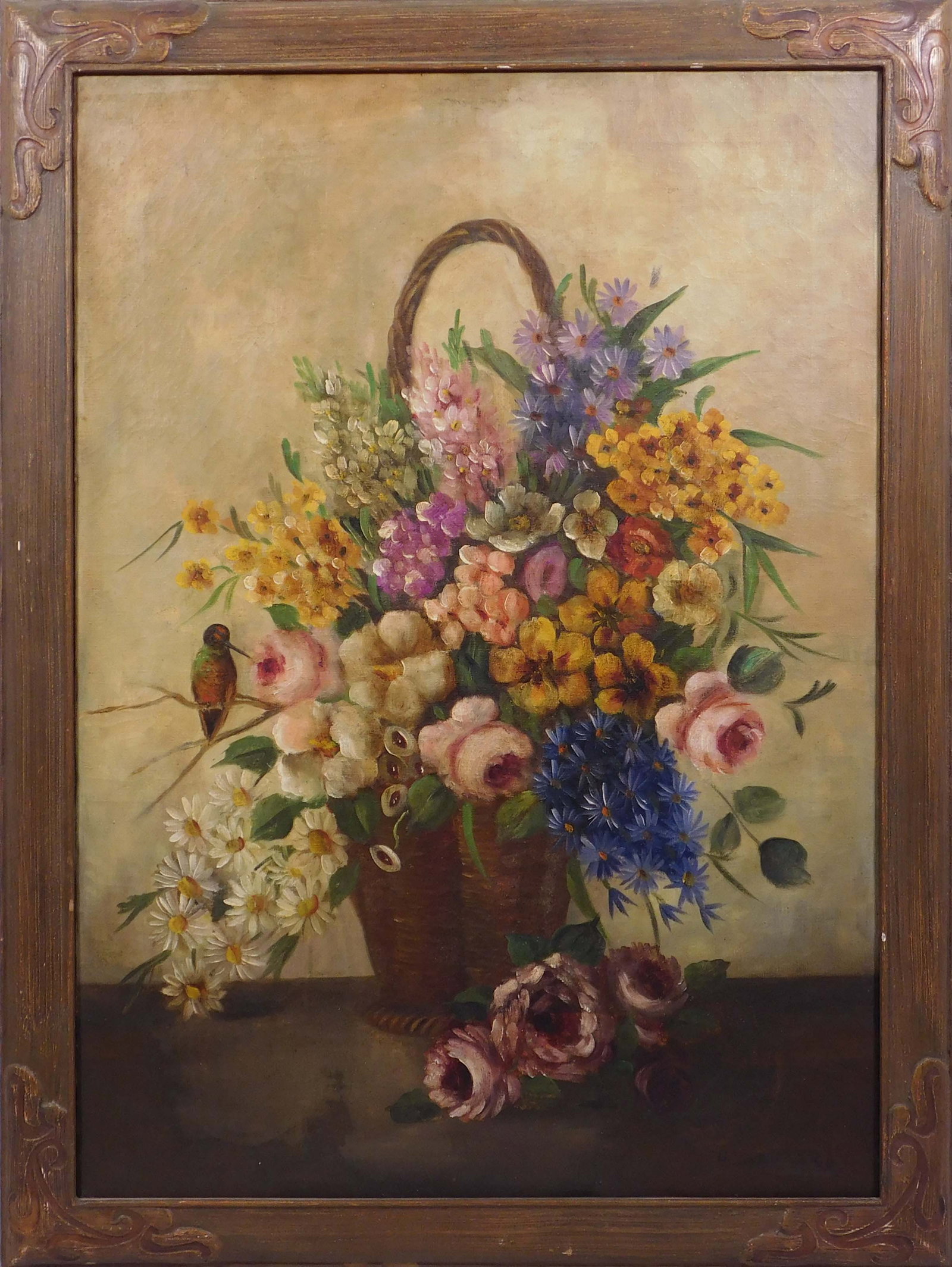 H. Langer: Basket of Flowers with a Humming Bird: H. Langer (20th Century): Basket of Flowers with a Humming Bird. Oil on canvas, framed, signed lower right. 32 x 24 inches framed; 28.5 x 20 inches canvas. Private collection, Rhode Island, USA. Good
