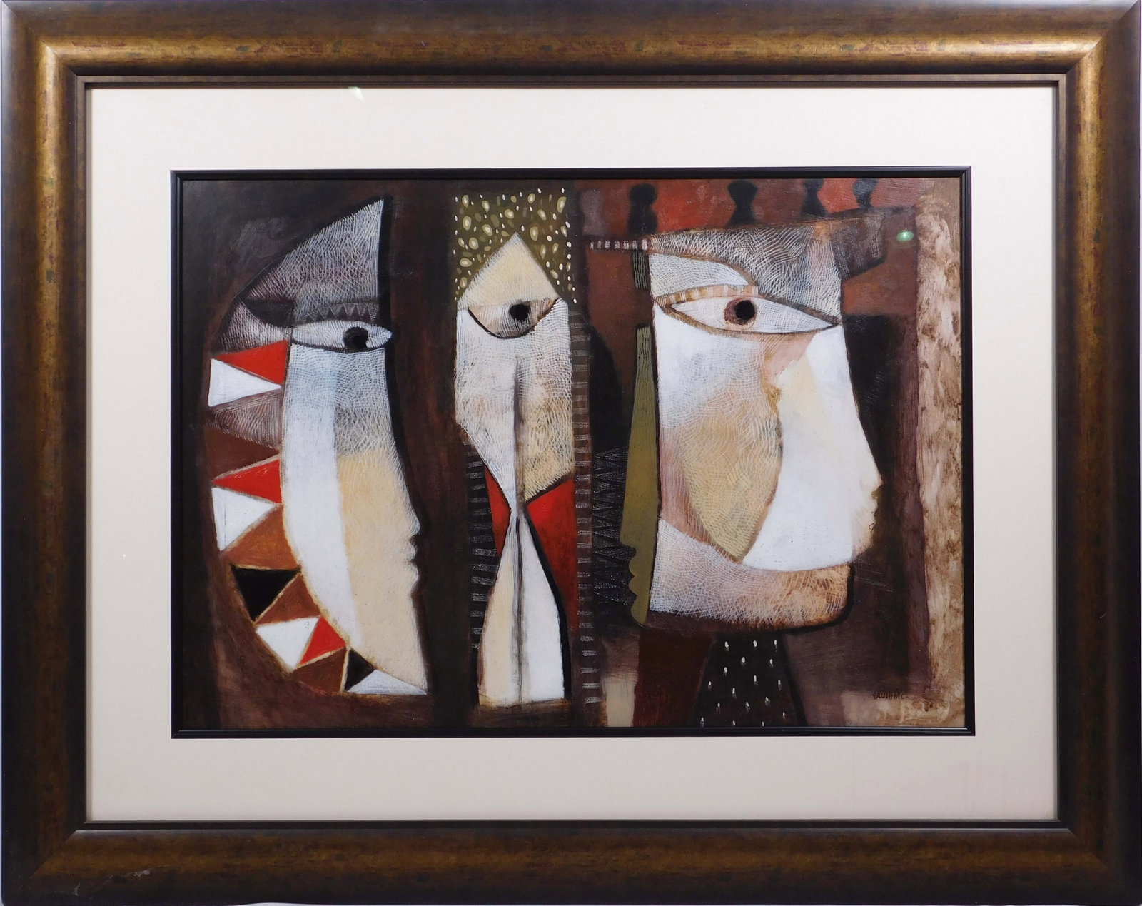 Orestes Gaulhiac: Untitled (Three Cubist Faces): Orestes Gaulhiac (Cuban, b. 1960): Untitled (Three Cubist Faces), 2011. Acrylic on paper, signed lower right. Framed under museum glass. This painting is accompanied by its origginal bill of sale. 31