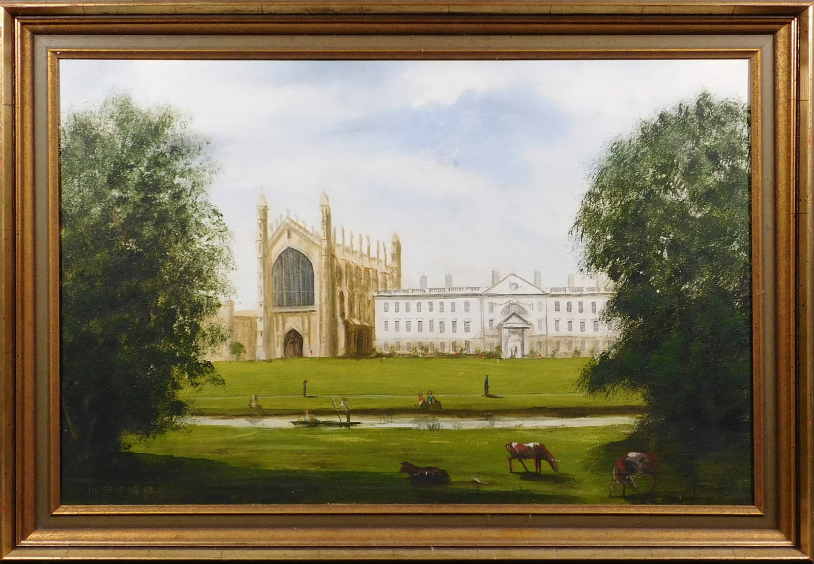 Malcolm Gearing: King's College Chapel: Malcolm Gearing (British, 1947):1967. Oil on canvas, signed lower left, framed. Gearing was most famous for his English country scenes during the mid 1900s. 20.5 x 29.5 inches framed; 17.25 x 29.25