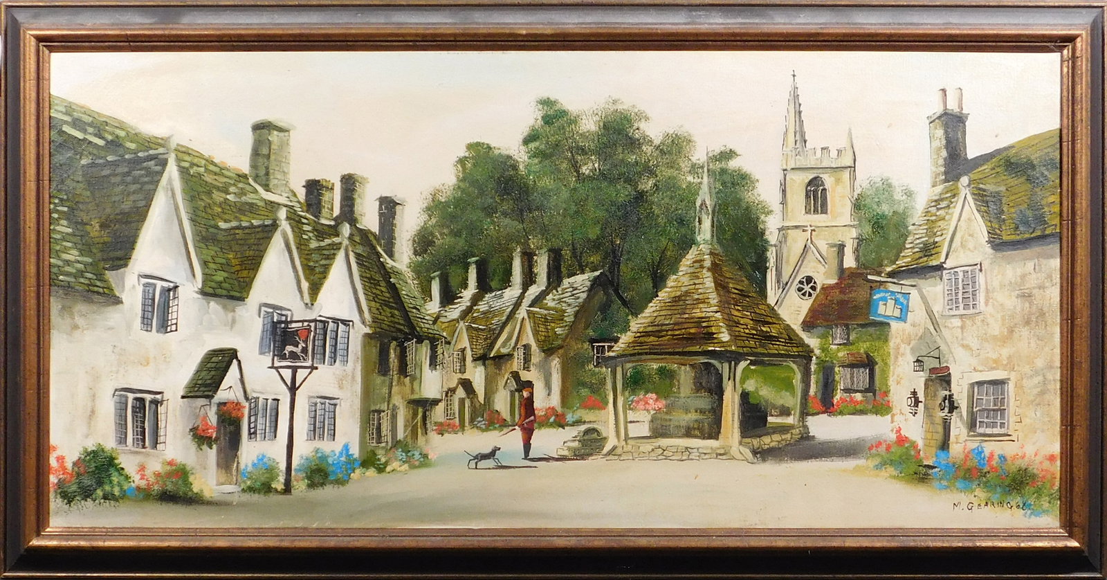 Malcolm Gearing: Castle Combe, Wiltshire: Malcolm Gearing (British, 1947):Castle Combe, Wiltshire, 1967. Oil on canvas, signed lower left, framed. Gearing was most famous for his English country scenes during the mid 1900s. 17 x 33 inches