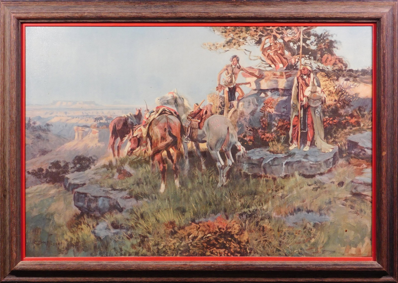 C. M. Russell: Watching for Wagons.: C. M. Russell (American, 1864-1926): Watching for Wagons. Reproduction with hand painted enhancements. Print on canvas, signed in plate lower left. framed. Charles Marion Russell, was an American arti