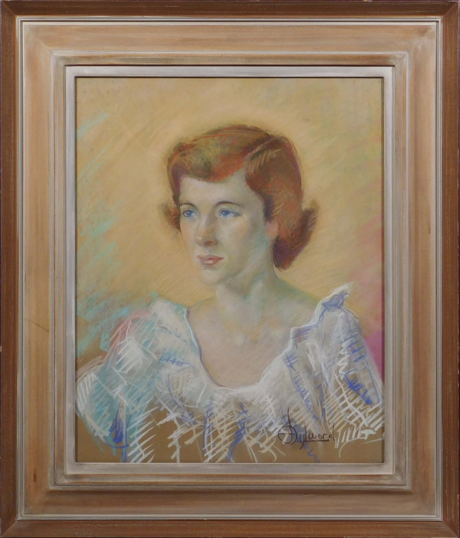 J Dyluerd (?): Portrait of GSB, Pastels: J Dyluerd (20th Century): Portrait of Gail St. Baptist. Pastel on paper, signed lower right, framed. 20x16; 27.5 x 23.5 inches framed Private collection. Very good condition; light discoloration/