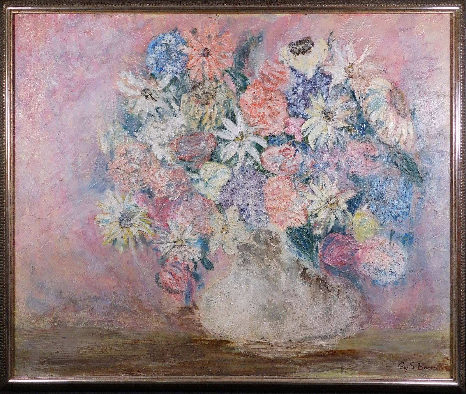 Gay S. Bomes: Pink Flowers in Vase: Gay S. Bomes (20th Century): Pink Flowers in Vase. Mixed media on masonite, signed lower right, framed. 33 x 38.75 inches framed; 29.5 x 35.5 inches board Private collection. Excellent condition; some