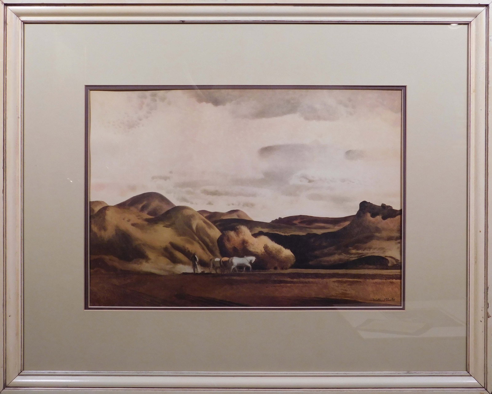 Millard Owen Sheets: Toilers at Sunset: Millard Owen Sheets (American, 1907 - 1989): Toilers at Sunset. Gelatone print on paper, signed in plate, framed. Produced by Associated American Artists. Born in Pomona, California and living much of
