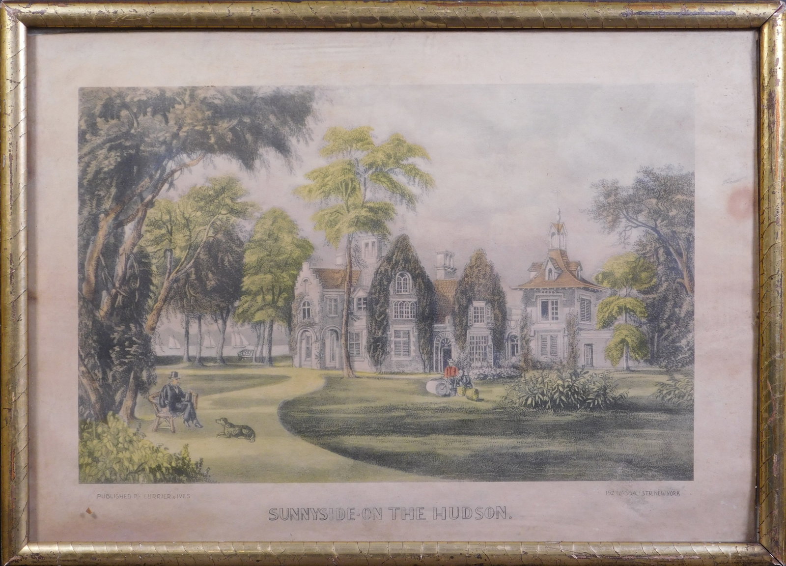 The Sunny Side on The Hudson: The Sunny Side on The Hudson. Lithograph on paper, published by Courrier and Ives. Framed. 18 x 13 inches framed. Private Collection, New England Fair condition with heavy toning; the frame is very