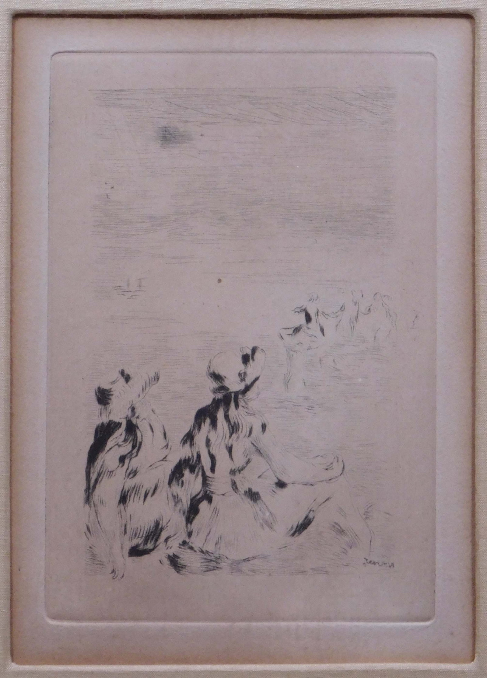 Pierre-Auguste Renoir: Sur La Plage, Berneval: Pierre-Auguste Renoir (French, 1841-1919):Sur La Plage, Berneval. Posthumous etching on paper, framed. Pierre-Auguste Renoir was a French artist who was a leading painter in the development of the Imp