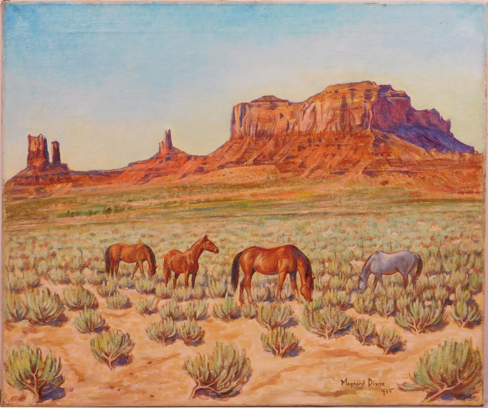Manner of Maynard Dixon: Horses in Monument Valley, 1945: Maynard Dixon (1875-1946), Manner of: Horses in Monument Valley, 1945. Oil on canvas, signed and dated lower right. Unframed. Maynard Dixon was a noted painter and illustrator, depicting scenes and