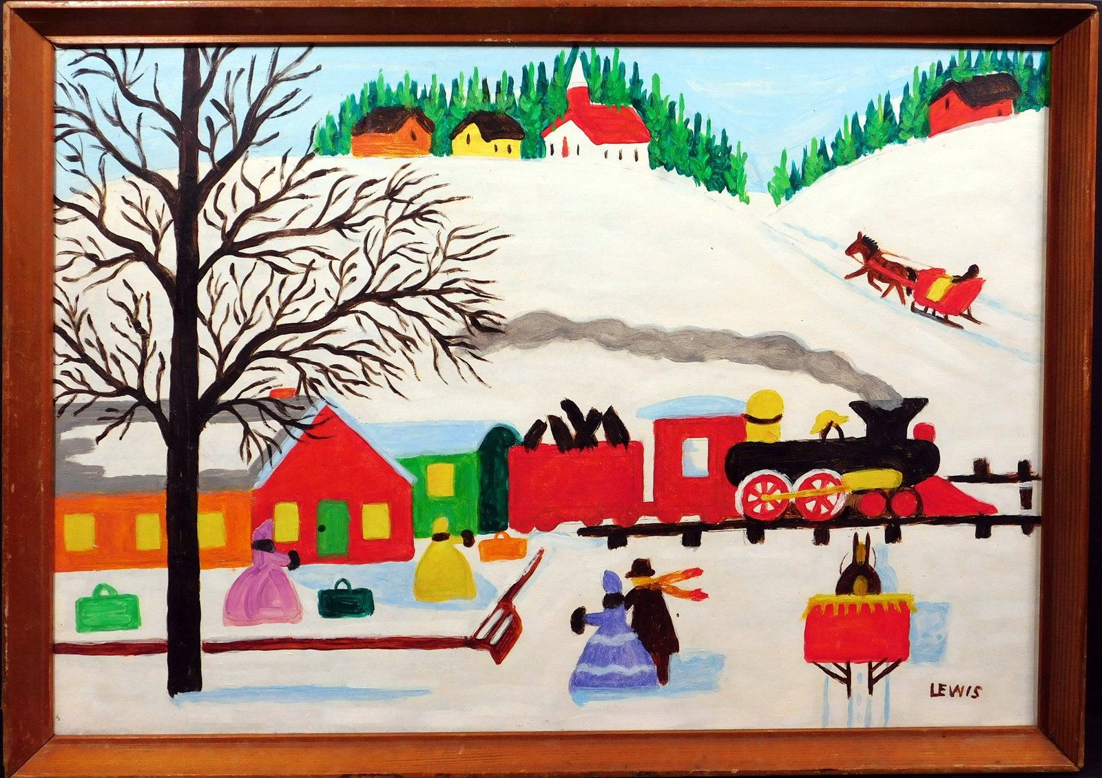 Maud Lewis, Manner of: Winter Scene: Maud Lewis (Canadian, 1903-1970) Manner of: Winter Scene, Acrylic on Masonite, signed LEWIS, framed Maud Lewis was a folk artist from Nova Scotia. Lewis lived most of her life in poverty in a small ho