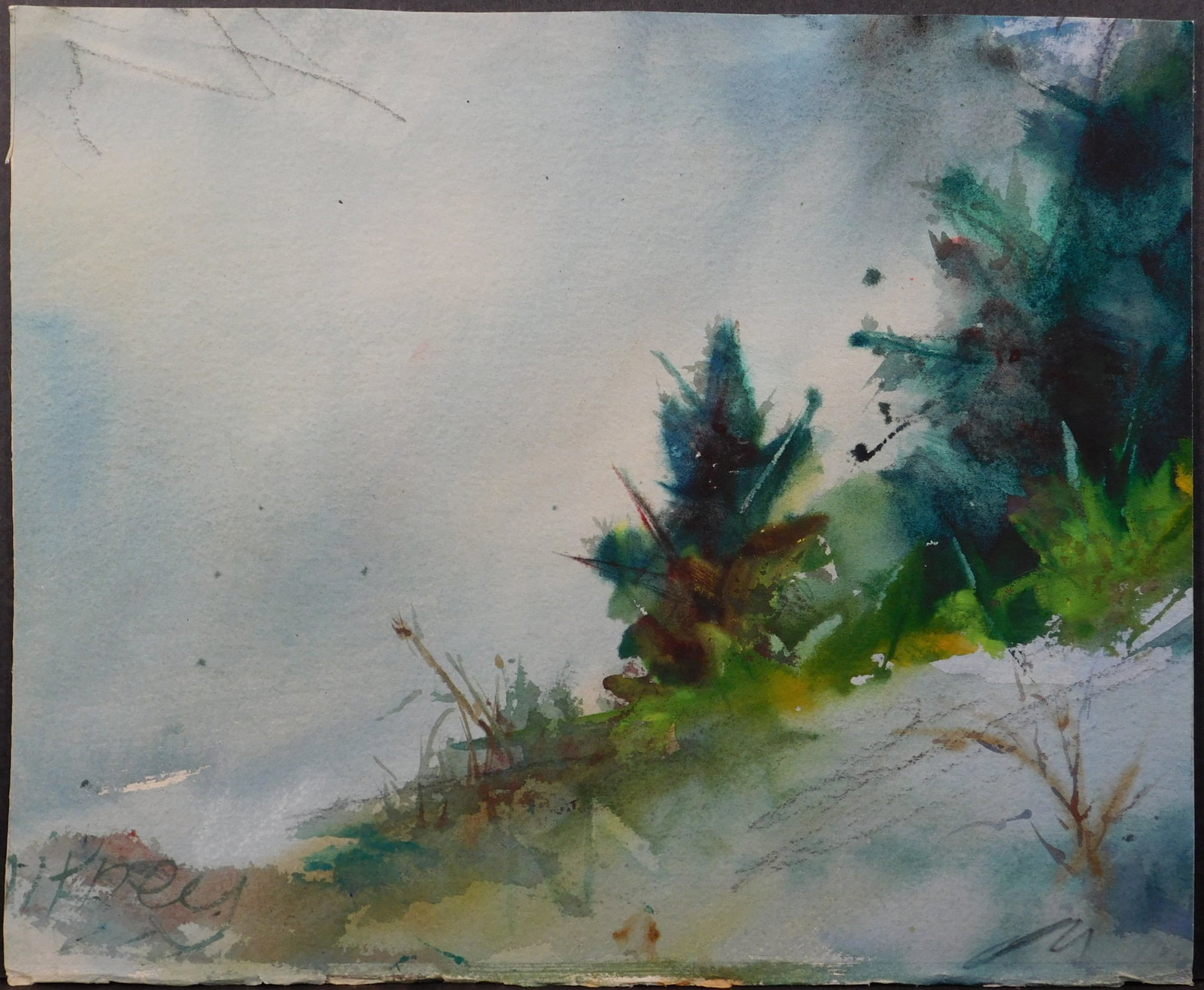 Whitney: Abstract Winter Landscape: Whitney: Abstract Winter Landscape. Watercolor on heavy cold pressed paper, possibly a fragment of a larger work, unframed. 13.5 x 16.5 inches paper. Private collection, Boston. The paper is unevenly