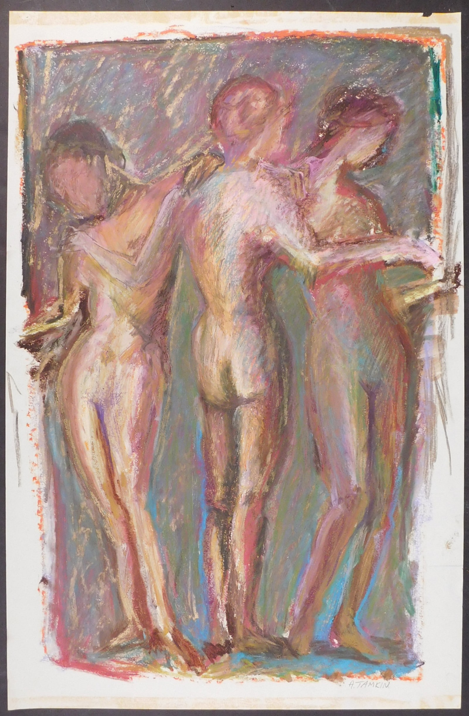 Andrea Tamkin: Three Nude Figures: Andrea Tamkin (American, 20th Century): Three Nude Figures. Oil crayon on paper, signed lower right, unframed. Andrea concentrated in painting at the Museum School of the Museum of Fine Arts in Boston