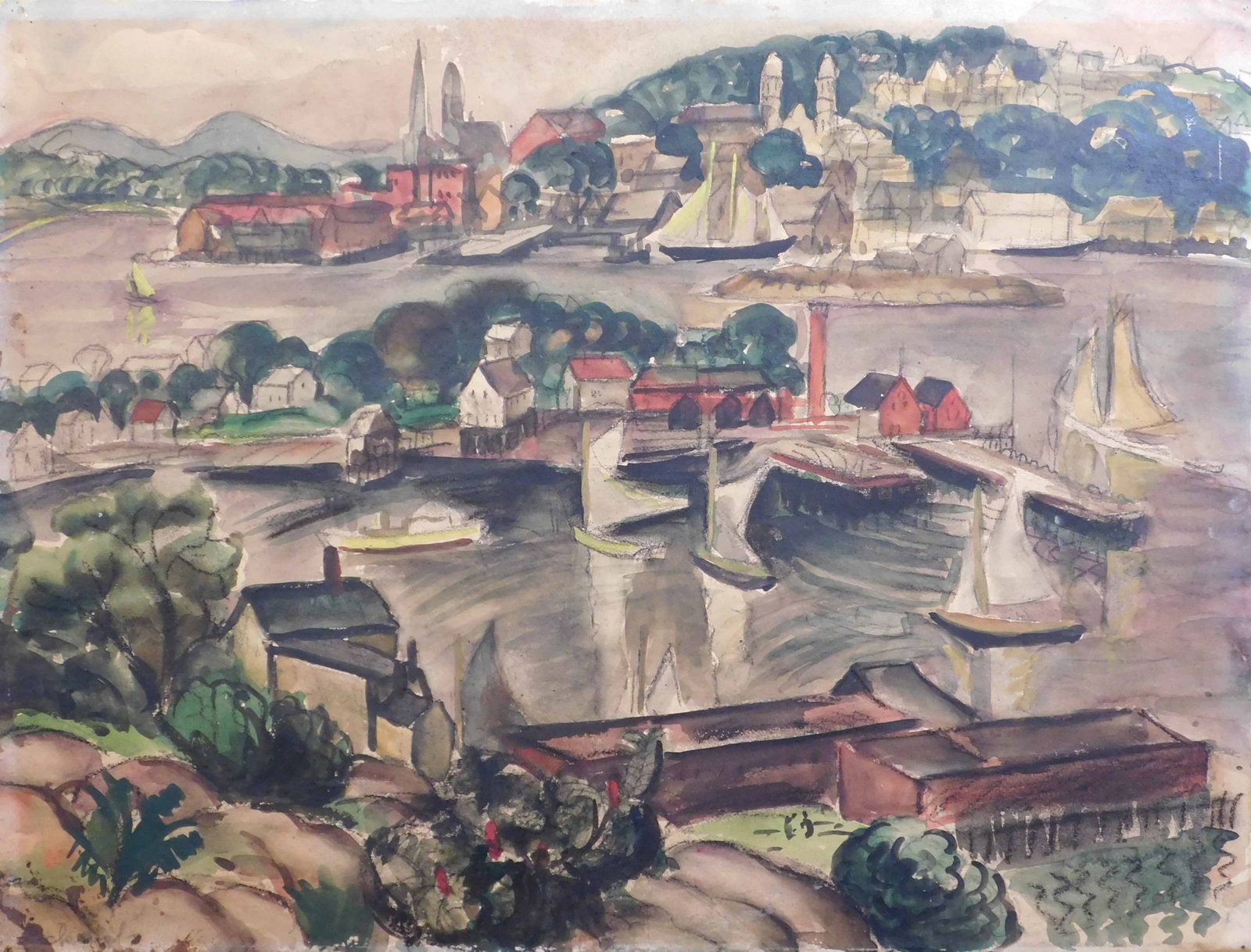 Karter : California Harbor Scene: Karter (American, 20th Century): California Harbor Scene. Watercolor and charcoal on cold pressed paper, signed in pencil verso. 17 x 21 5/8 inches. Private Collection, Boston, USA. Good condition
