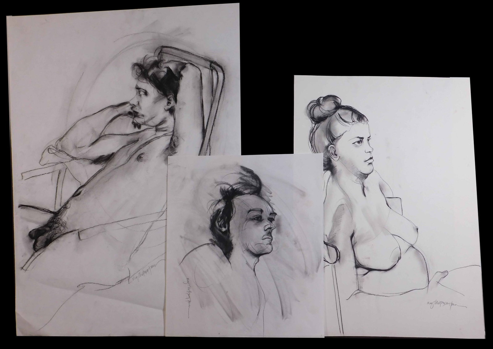 Mary Chatowsky Jameson: Figure Studies: Mary Chatowsky Jameson (American, b. 1963), Figure Studies. Charcoal on paper. Signed below. Mary Chatowsky Jameson, a Rhode Island native and Newport resident, is an artist and owner of Saltwater Stu