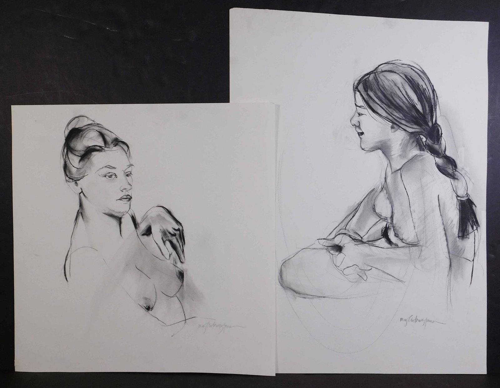 Mary Chatowsky Jameson: Figure Studies: Mary Chatowsky Jameson (American, b. 1963), Figure Studies. Charcoal on paper. Signed below. Mary Chatowsky Jameson, a Rhode Island native and Newport resident, is an artist and owner of Saltwater Stu