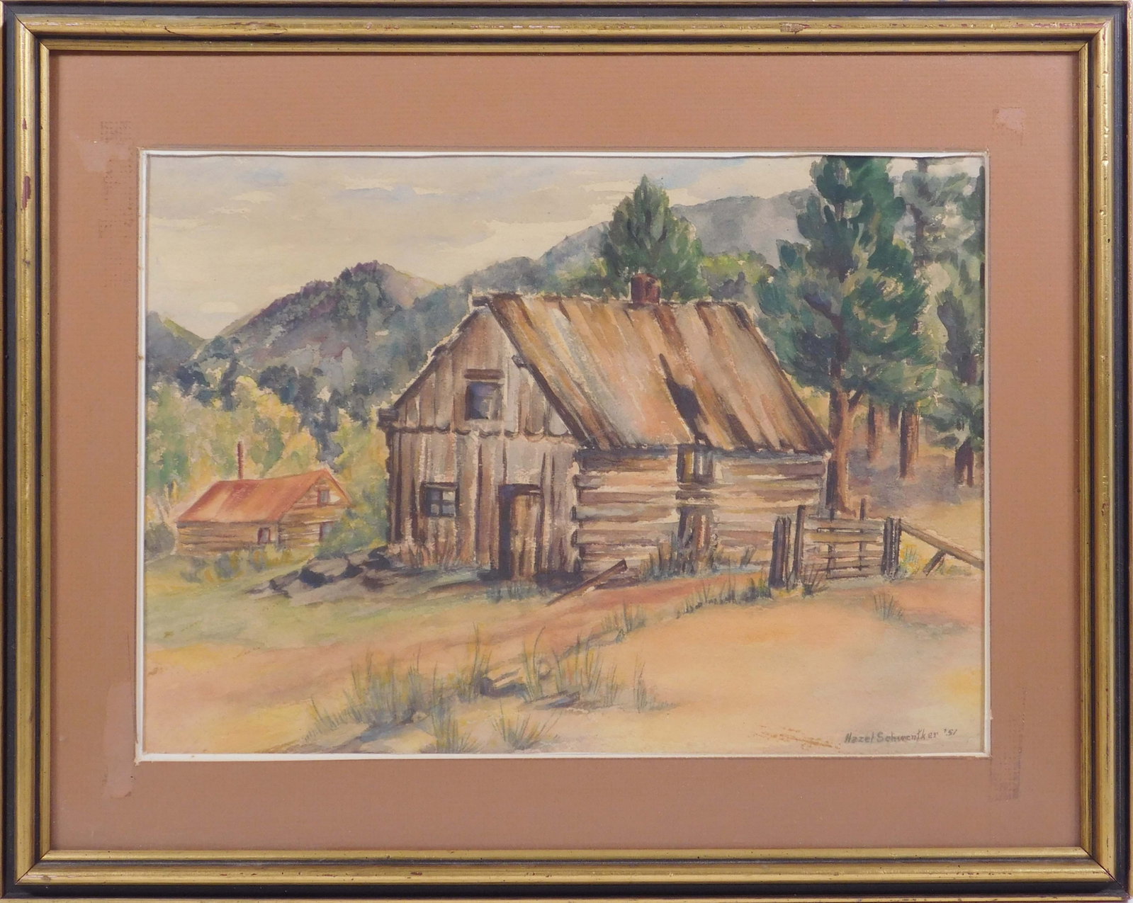 Hazel Frye Schwentker : Black Hills Log Cabin: Hazel Frye Schwentker (Amerian, 1894-1984): Black Hills Log Cabin, 1951. Watercolor onpaper, signed and dated lower right, framed. Born in Panama, Nebraska, Hazel Schwentker painted and studied art in