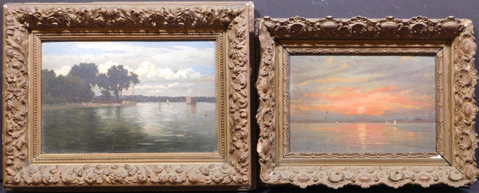Pair of Tonalist Paintings of Charles River: Pair of Tonalist Paintings of Charles River, Massachusetts, 1812. Oil on academy board, one painting is signed, the other is titled and dated. Approximately 12 x 16 inches framed; 7.75 x 11.75 inches 