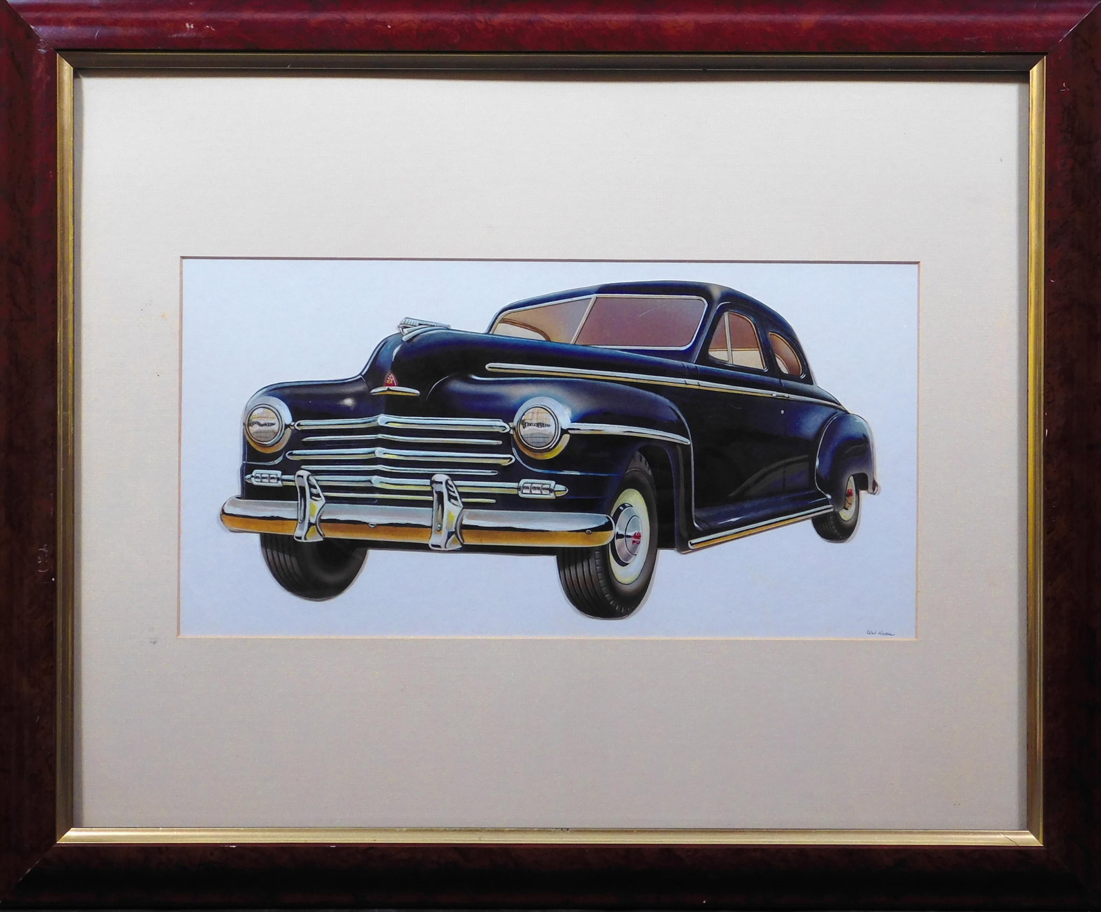 W. J. Hosen: 40's Classic Car illustration: W. J. Hosen: 40's Classic Car. Oil on carboard mounted to matboard, signed in ink lower right, framed. 18.75 x 22.75 inches framed; 7 x 13.5 inches painting Private collection, Madison, Wisconsin Very