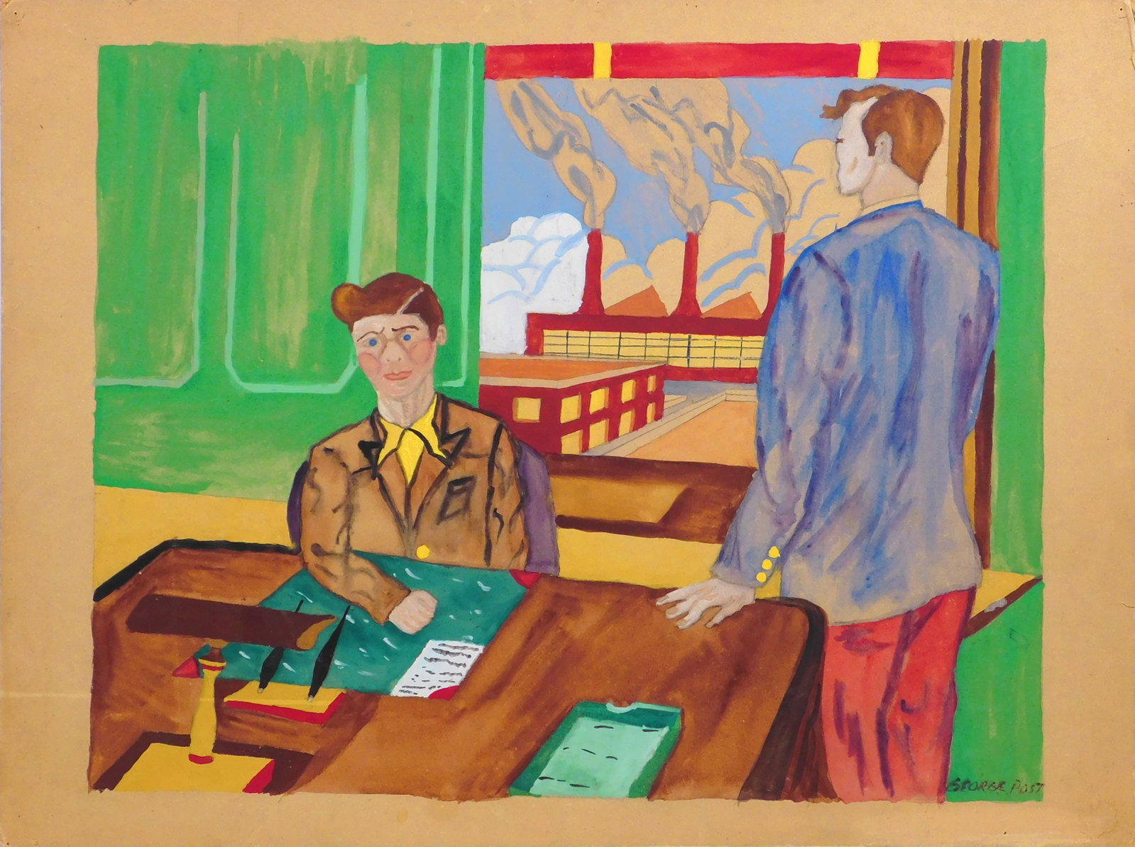George Booth Post, Attributed: The Meeting: George Booth Post (American, 1906 - 1997), Attributed: The Meeting. Watercolor on cardboard, signed lower right, unframed. 17.75 x 24 inches board. Private collection, Madison, Wisconsin, USA. Good