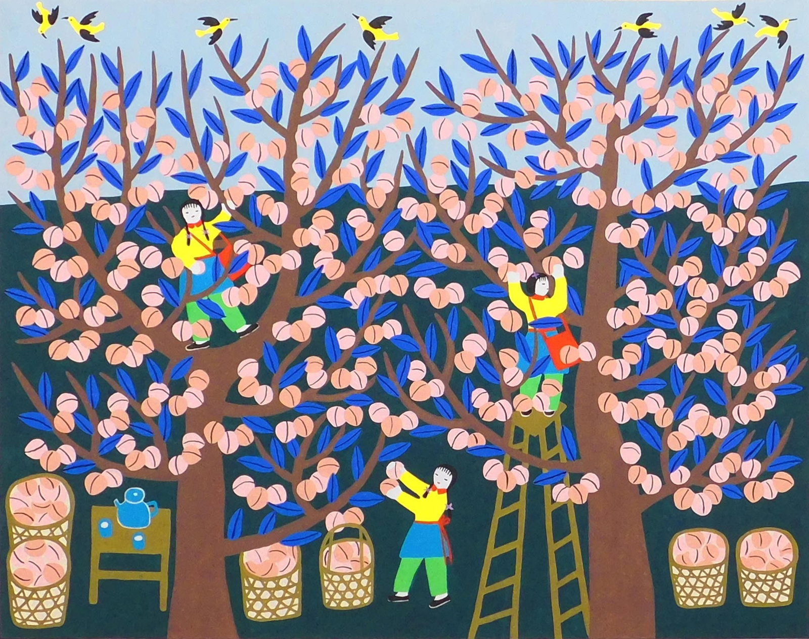 Cao Yinling: Picking Peaches: Cao Yinling: Picking Peaches. Gouache on paper, unframed. 18.5 x 23.5 inches paper; a few small rips and creases in the margins. Private collection, Madison, Wisconsin, USA. Excellent condition the