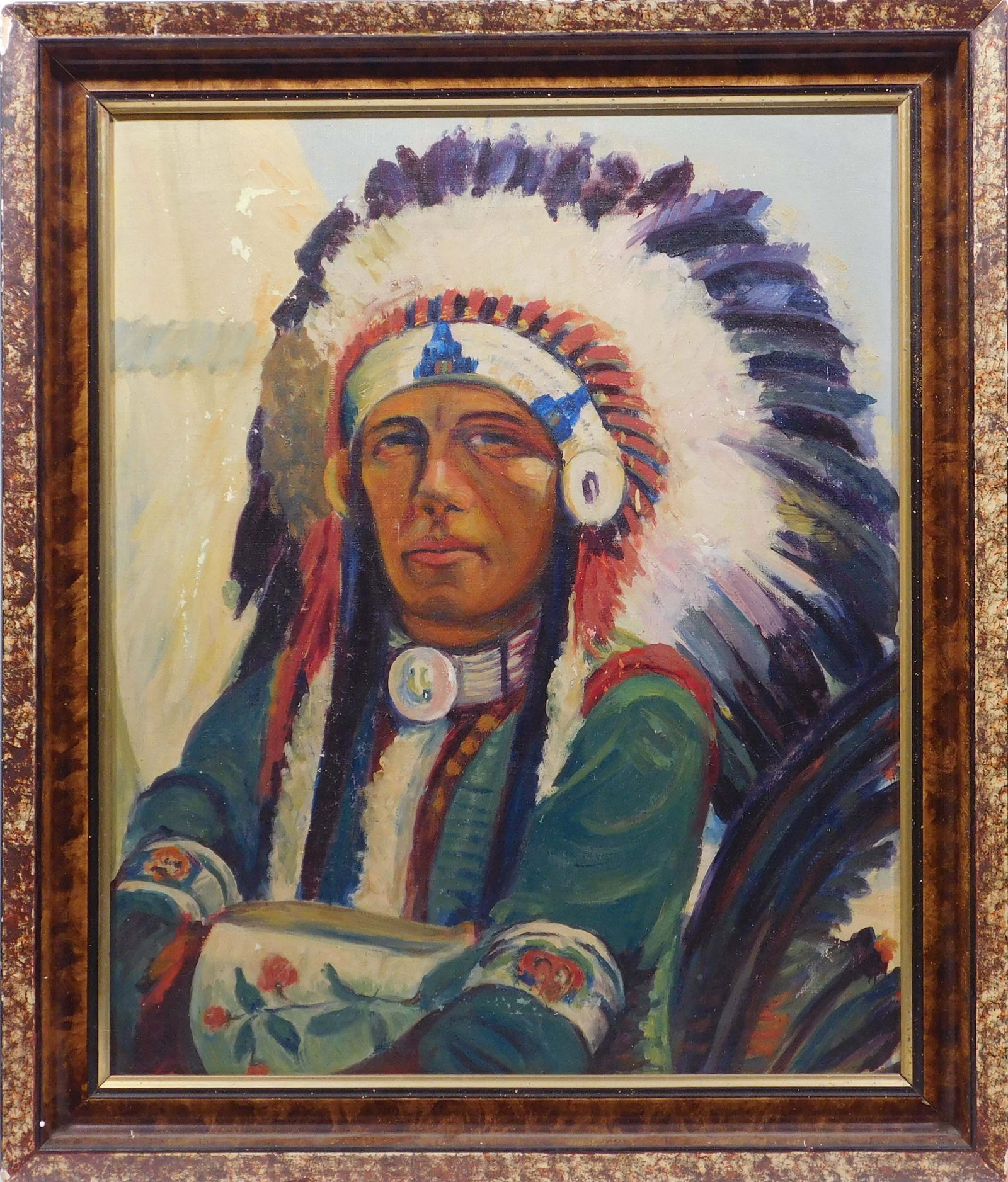 Kathryn Woodman Leighton, Attributed: Portrait of Iron Eyes Cody: Kathryn Woodman Leighton (American, 1875 - 1952) Attributed: Portrait of Iron Eyes Cody. Oil on canvas, unsigned, framed. Possibly a study for a larger painting ,Cherokee Dancer (Portrait of Iron