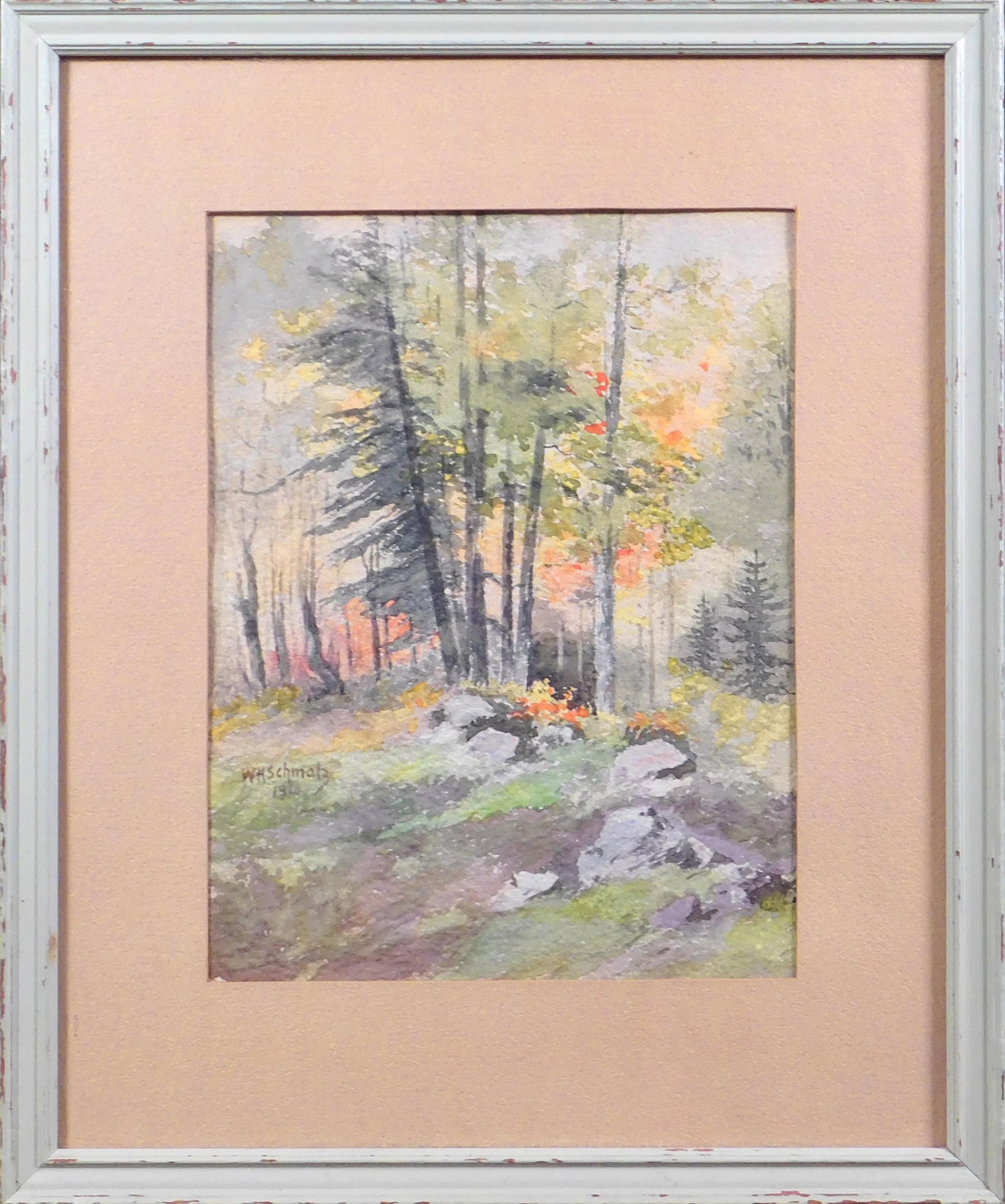 W. M. Schmalz: Imressionist Forest Watercolor: W. M. Schmalz (20th Century): Imressionist Forest Watercolor, 1918. Watercolor on coldpressed paper, signed and dated lower left, framed. 16 x 13 inches framed; 10 x 7.75 inches sight. Private collect