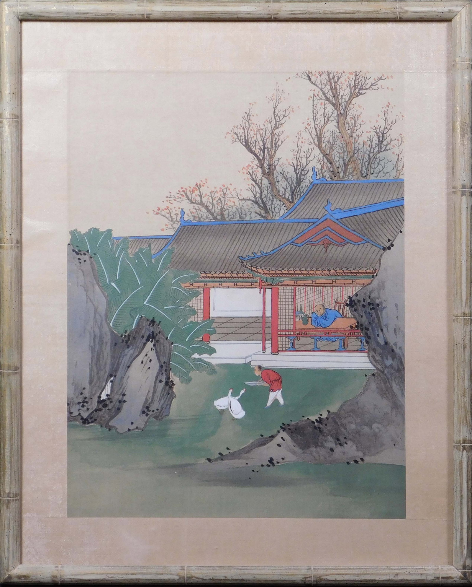 Chinese Genre Scene: Chinese Genre Scene: Print on Silk. Ink on silk, framed. 20.5 x 17 inches framed; 16 x 12 inches plate. Private collection, Madison, Wisconsin. Excellent condition, no noteable flaws. NOTE: If documen