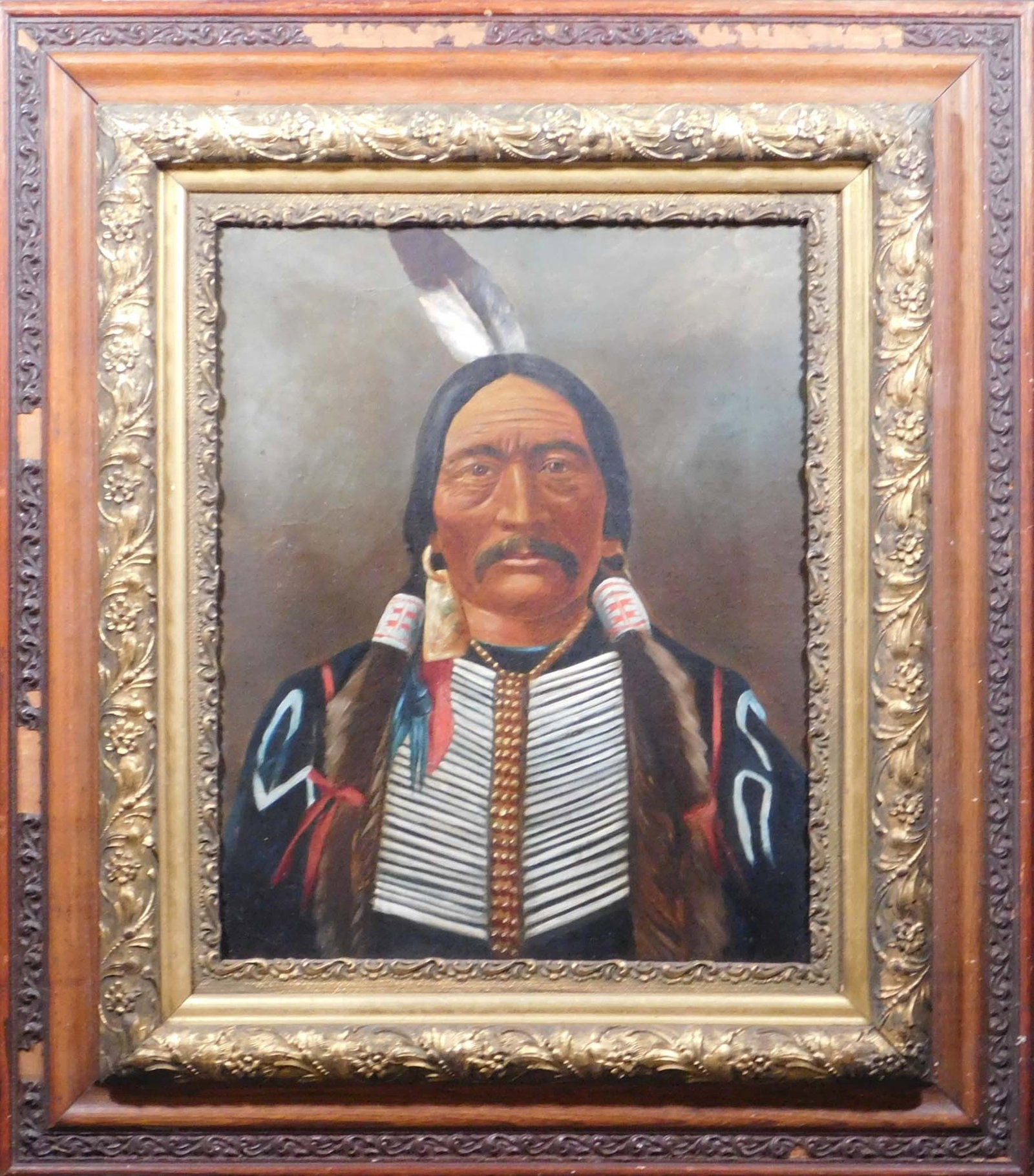 Portrait of Sapiah: Portrait of Sapiah, c. 1905. Oil on canvas, unsigned, framed. Sapiah was the leader of the Southern Ute tribe from 1880 until his death in 1936. He was born around 1840, the child of a Moache Ute