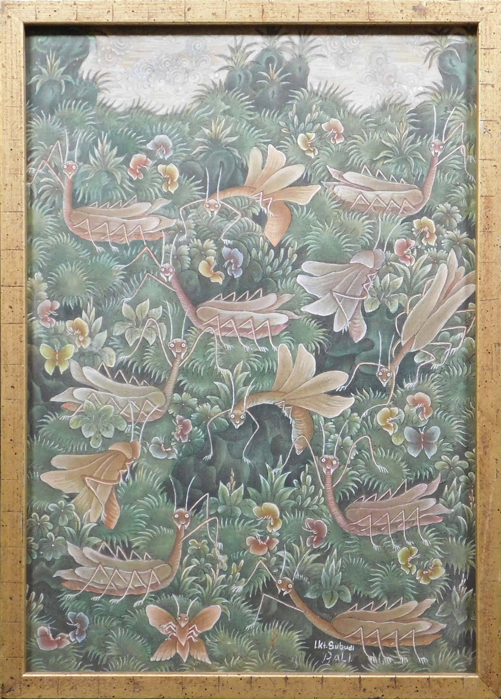 IKT Subidi: Balinese Batik Fabric, Naive Folk Ar: IKT Subidi: Balinese Batik Fabric, Naive Folk Art. Watercolor on fabric, signed lower right, framed. 20.5 x 14.5 inches framed; 19 x 13 inches sight. Private collection, Madison, Wisconsin, USA. Very