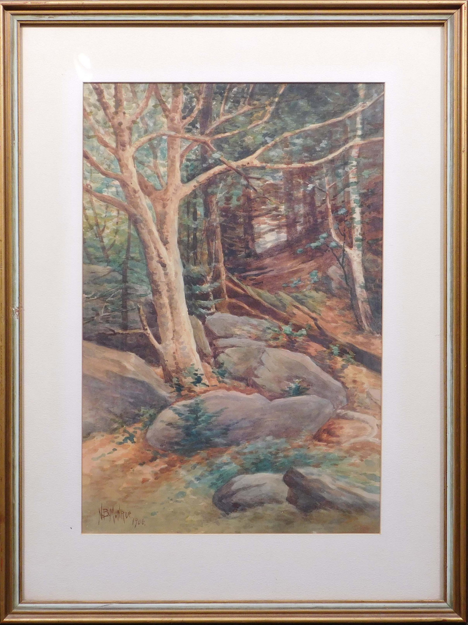 N. B. Munroe: Wooded Glen: N. B. Munroe, American School, 20th Century,: Wooded Glen, 1906. Watercolor on paper, signed and dated lower left, framed. 20 x 15 inches framed; 14.5 x 9.5 inches sight. Private collection, Madison,