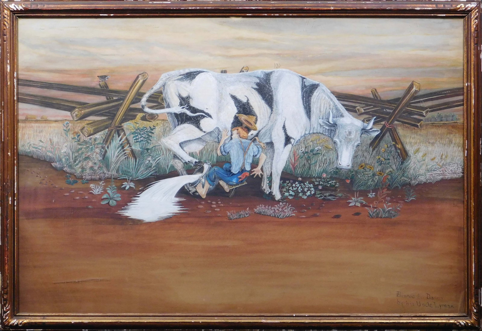 Lymann Beecher: Danny Milking, American Folk Art: Lymann Beecher (American, 20th Century): Danny Milking, American Folk Art. Watercolor on paper, signed upper right, framed with dedication to the artist's nephew lower right. 21.5 x 32 inches framed; 